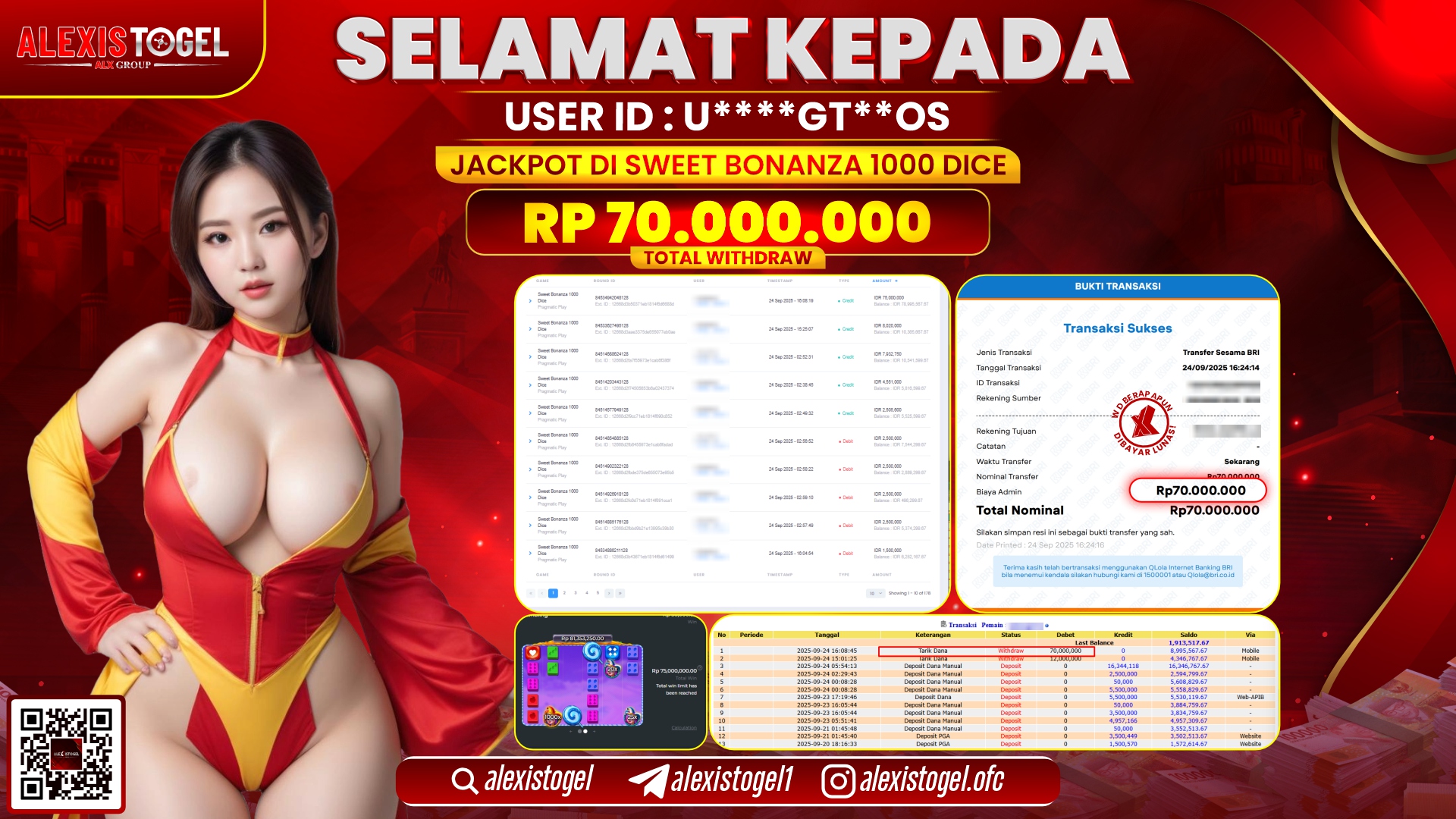 ALEXISTOGEL di SLOT SWEET BONANZA 1000 DICE RP.70.000.000, LUNAS