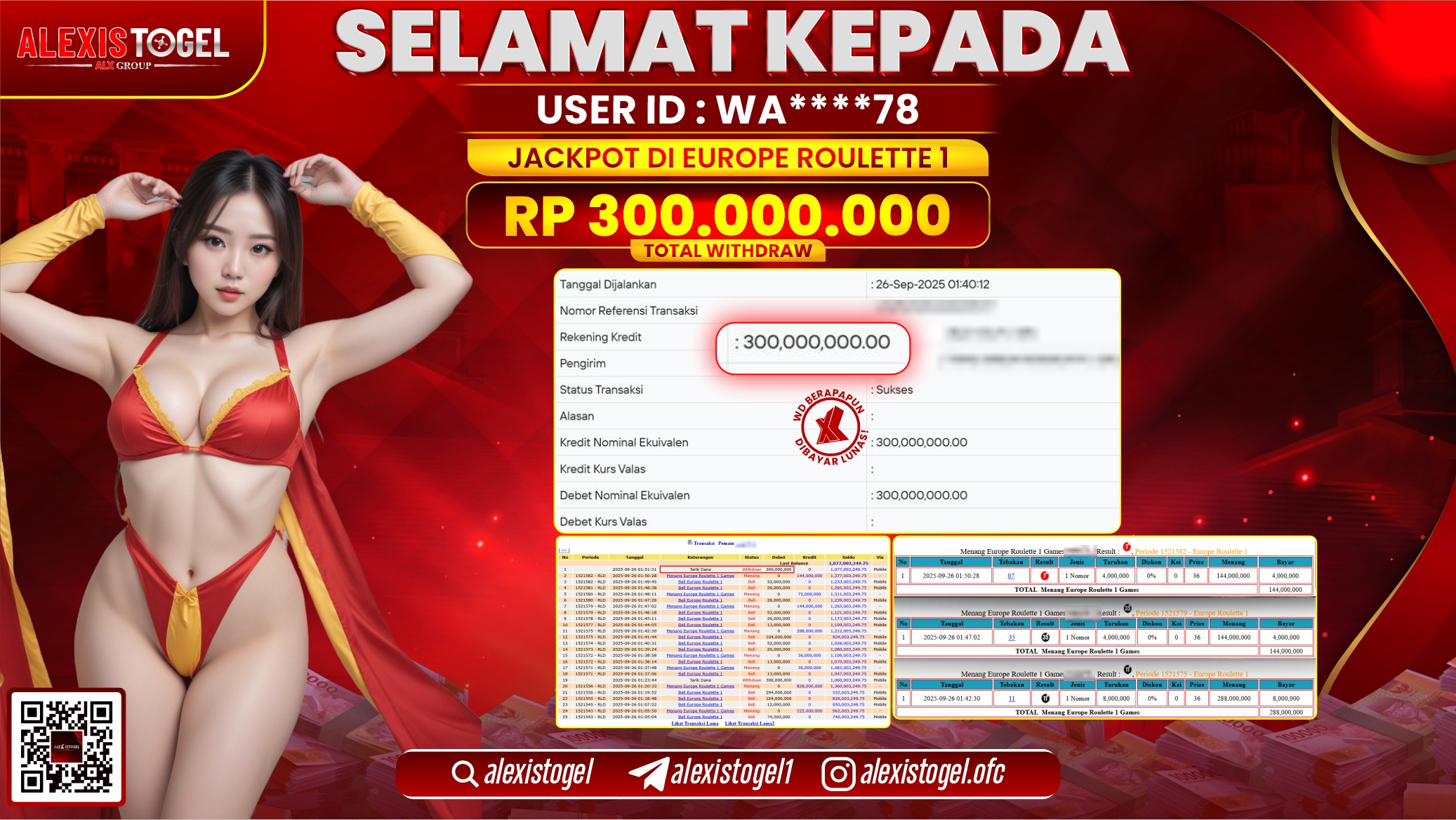 ALEXISTOGEL di CASINO EUROPE ROULETTE 1 RP.300.000.000, LUNAS