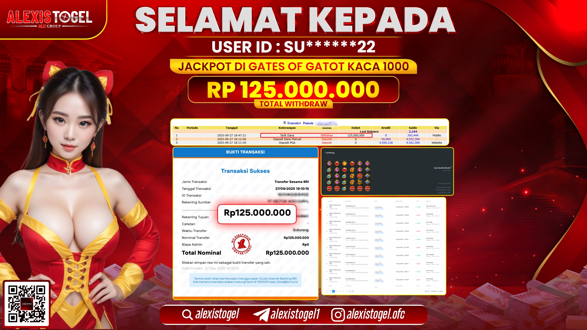 ALEXISTOGEL di SLOT GATES OF GATOT KACA 1000 RP.125.000.000, LUNAS
