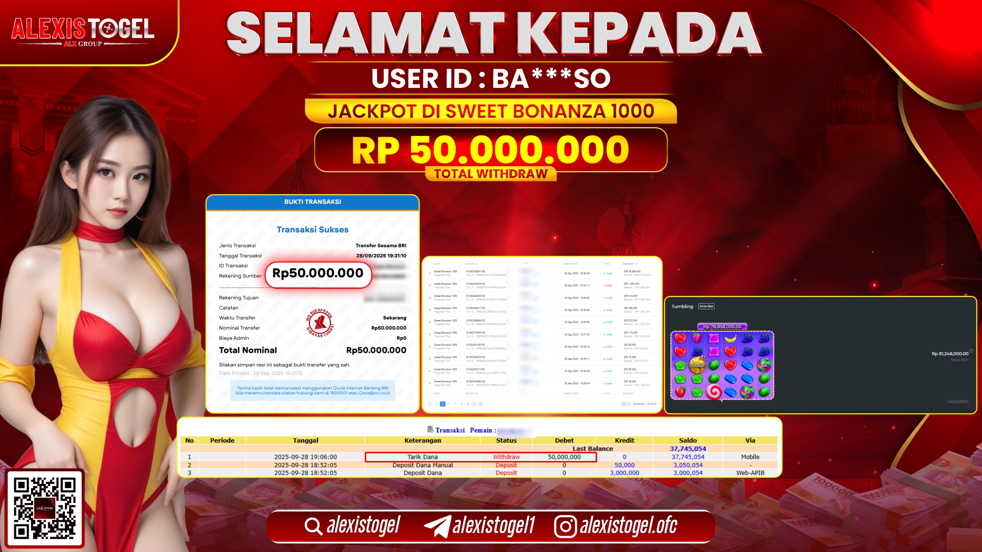 ALEXISTOGEL di SLOT SWEET BONANZA 1000 RP.50.000.000, LUNAS