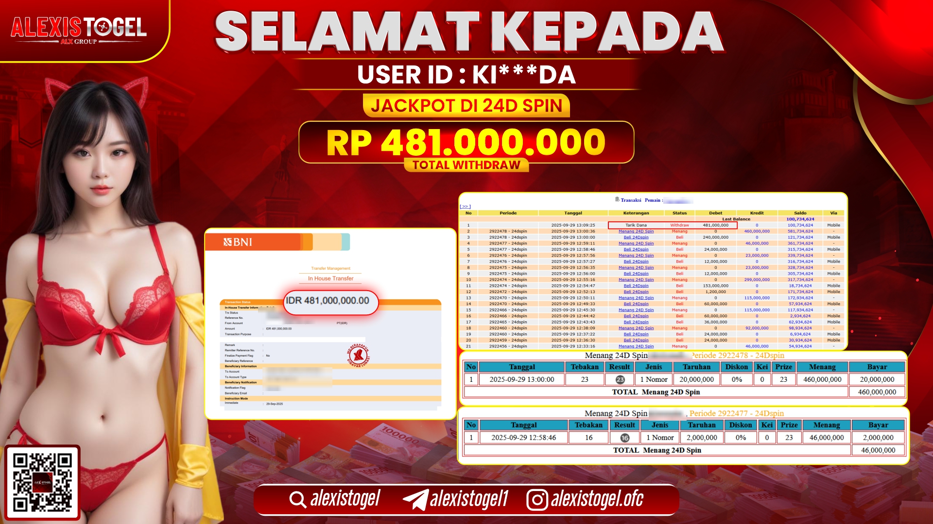 ALEXISTOGEL di CASINO 24D SPIN RP.481.000.000, LUNAS