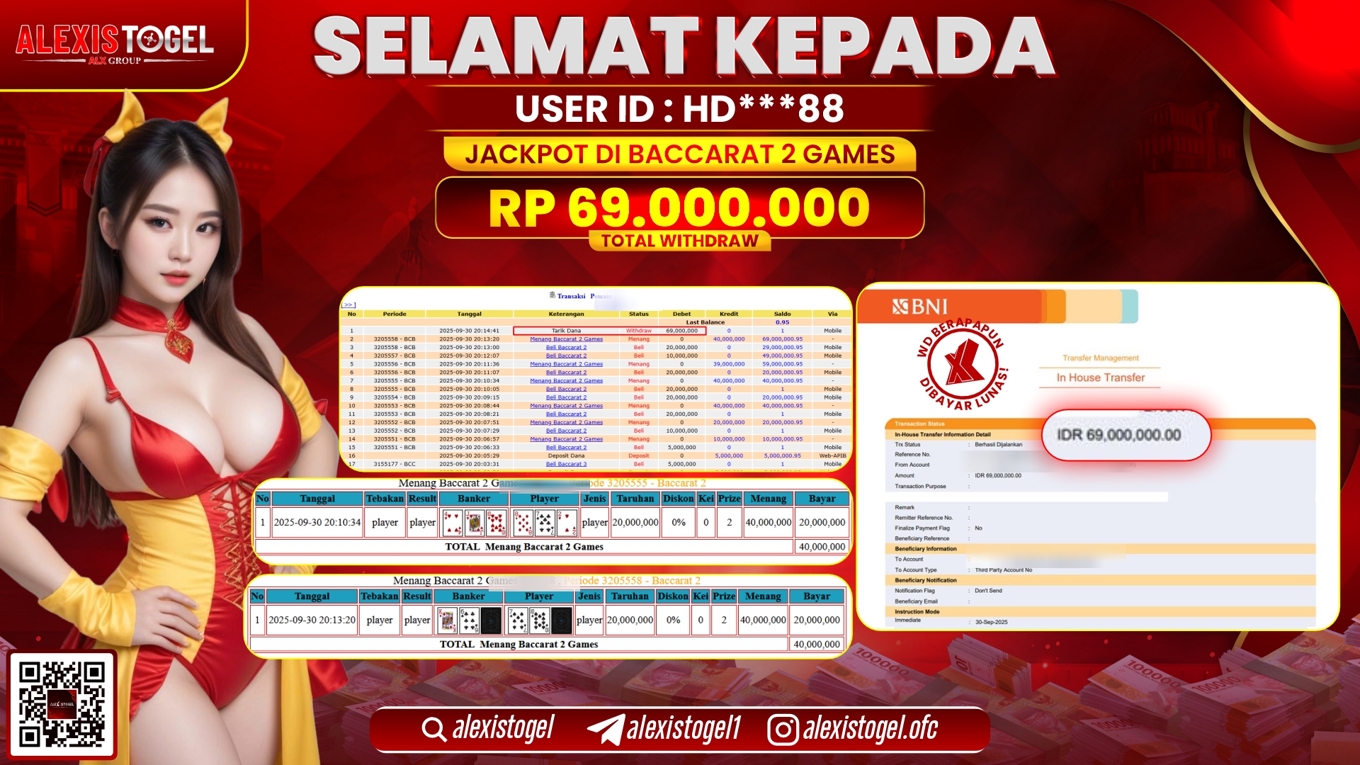 ALEXISTOGEL di CASINO BACCARAT 2 GAMES RP.69.000.000, LUNAS