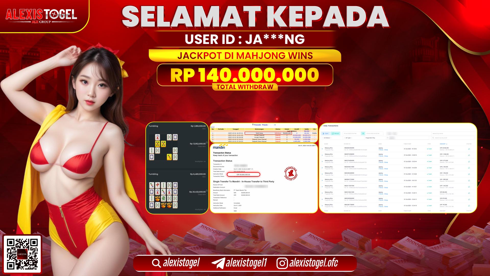 ALEXISTOGEL di SLOT MAHJONG WINS RP.140.000.000, LUNAS