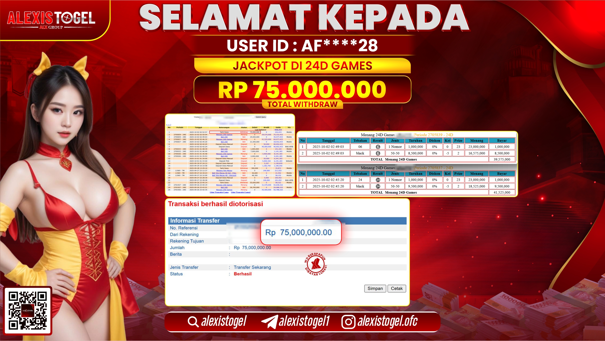 ALEXISTOGEL di CASINO 24D GAMES RP.75.000.000, LUNAS