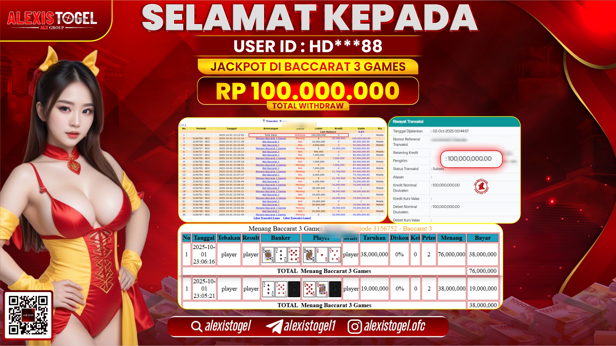 ALEXISTOGEL di CASINO BACCARAT 3 GAMES  RP.100.000.000, LUNAS