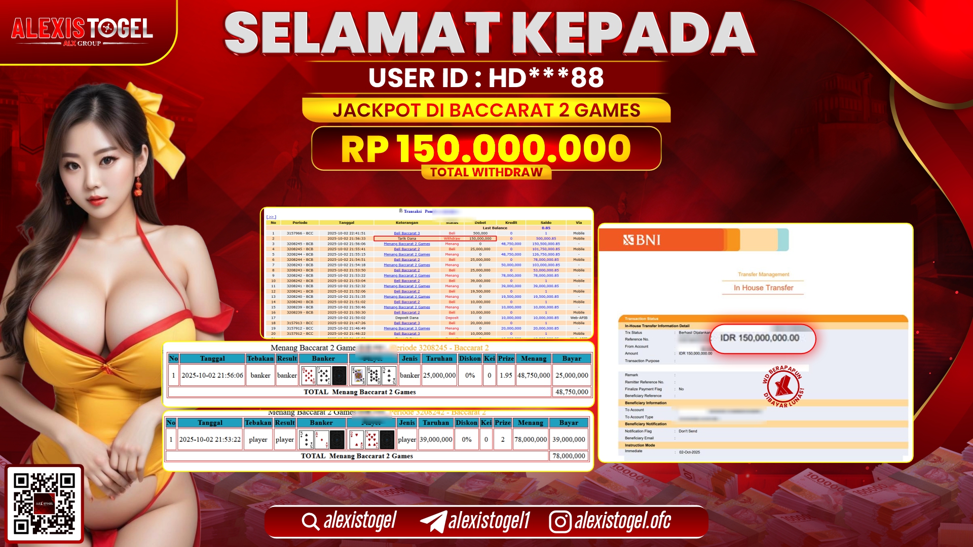 ALEXISTOGEL di CASINO BACCARAT 2 GAMES RP.150.000.000, LUNAS