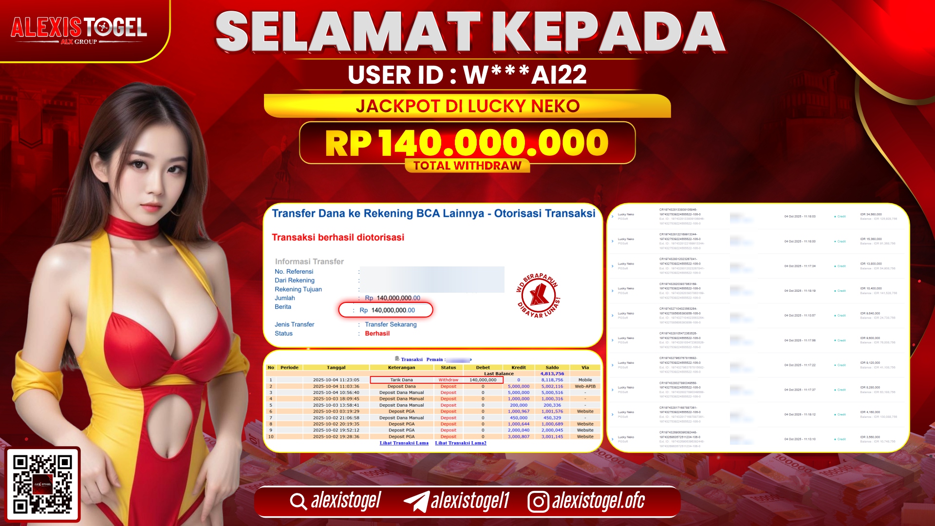 ALEXISTOGEL di SLOT LUCKY NEKO RP.140.000.000, LUNAS