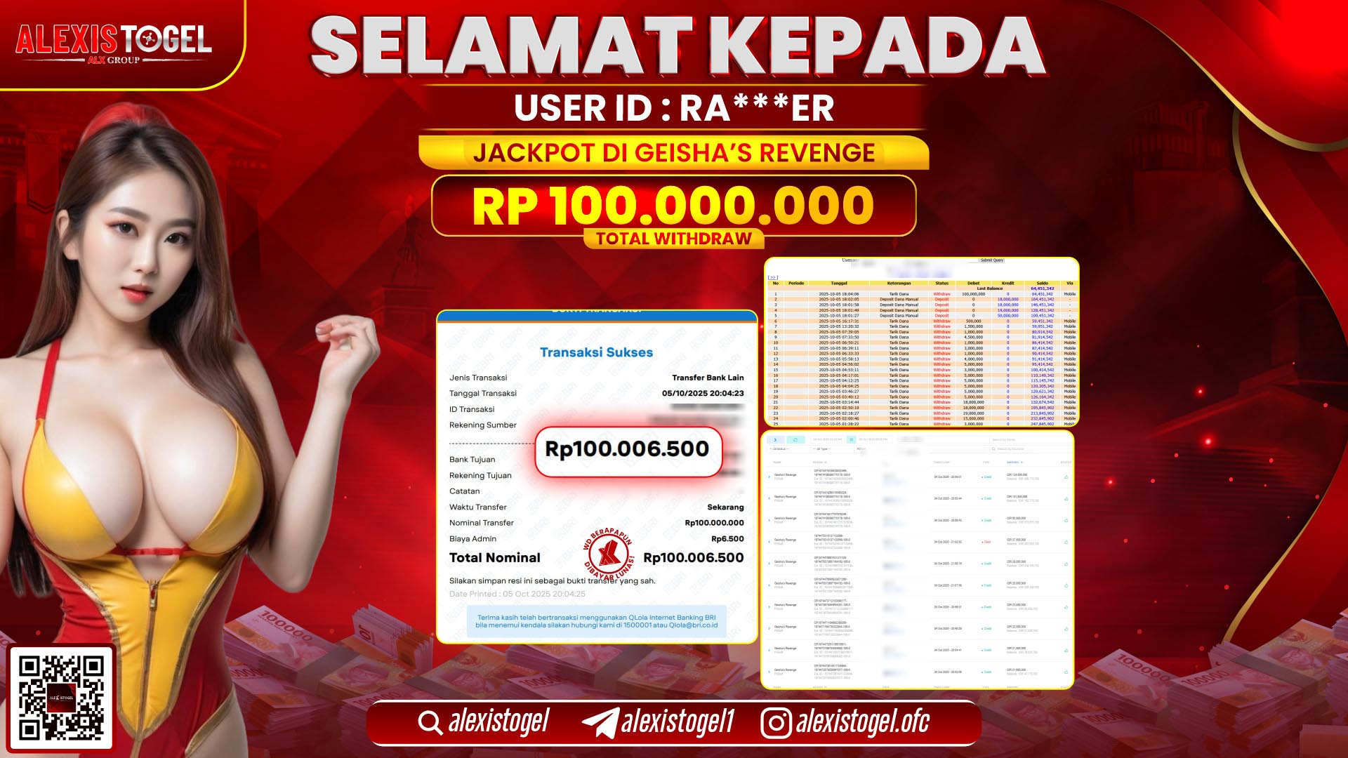 ALEXISTOGEL di SLOT GEISHA'S REVENGE RP.100.000.000, LUNAS
