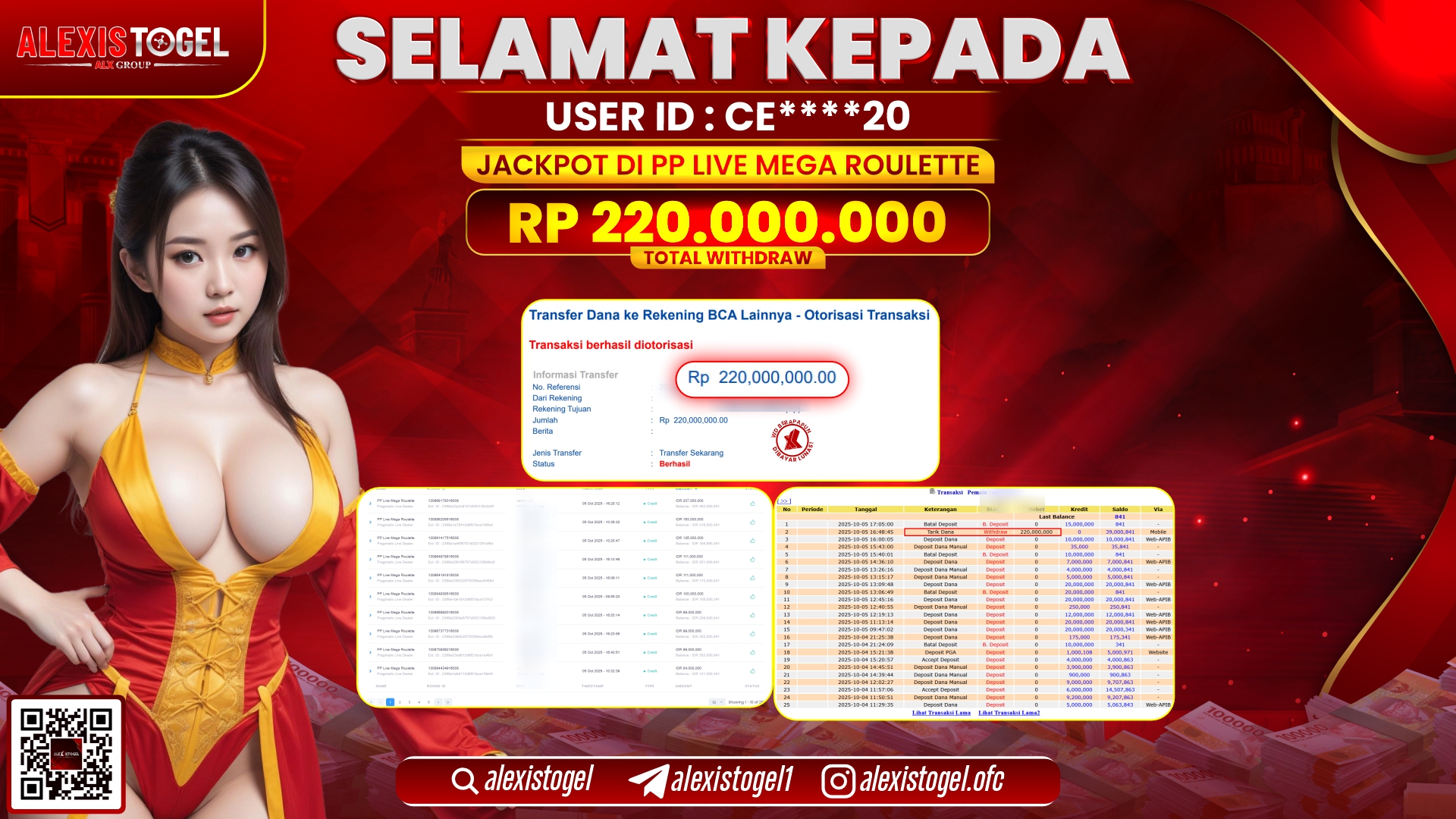 ALEXISTOGEL di PP LIVE MEGA ROULETTE RP.220.000.000, LUNAS
