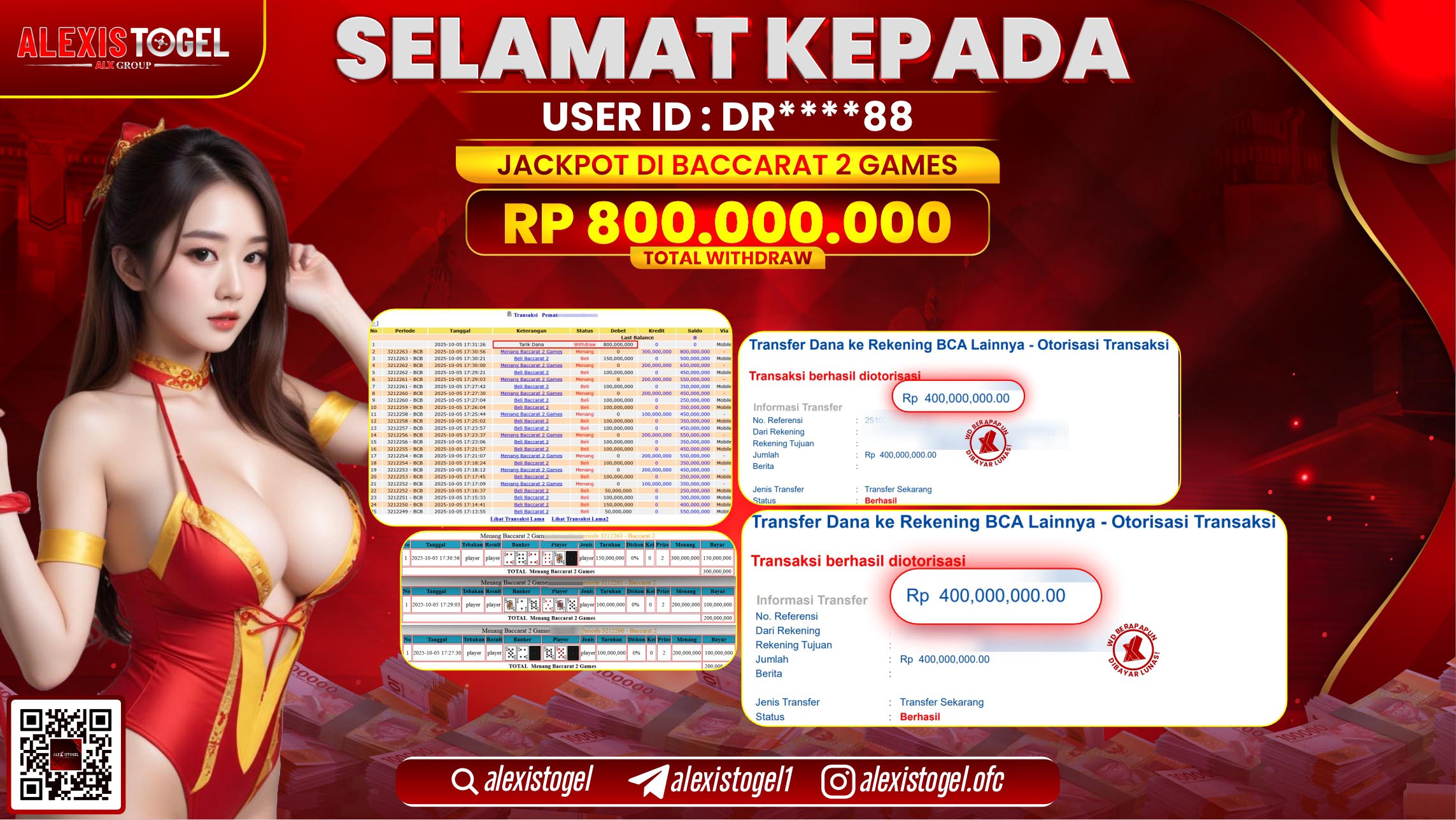 ALEXISTOGEL di CASINO BACCARAT GAMES 2 RP.800.000.000, LUNAS