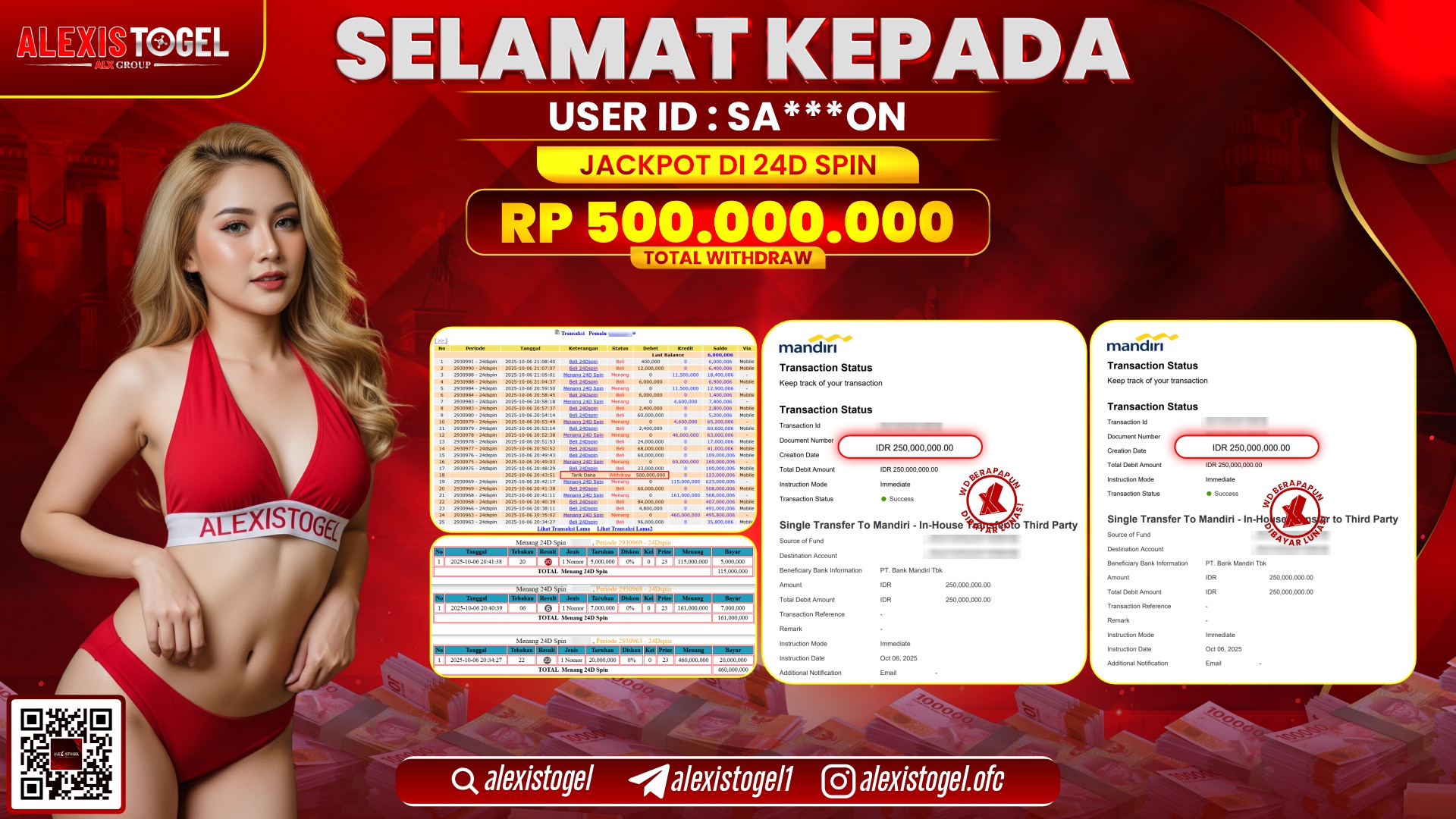 ALEXISTOGEL di CASINO 24D SPIN RP.500.000.000, LUNAS