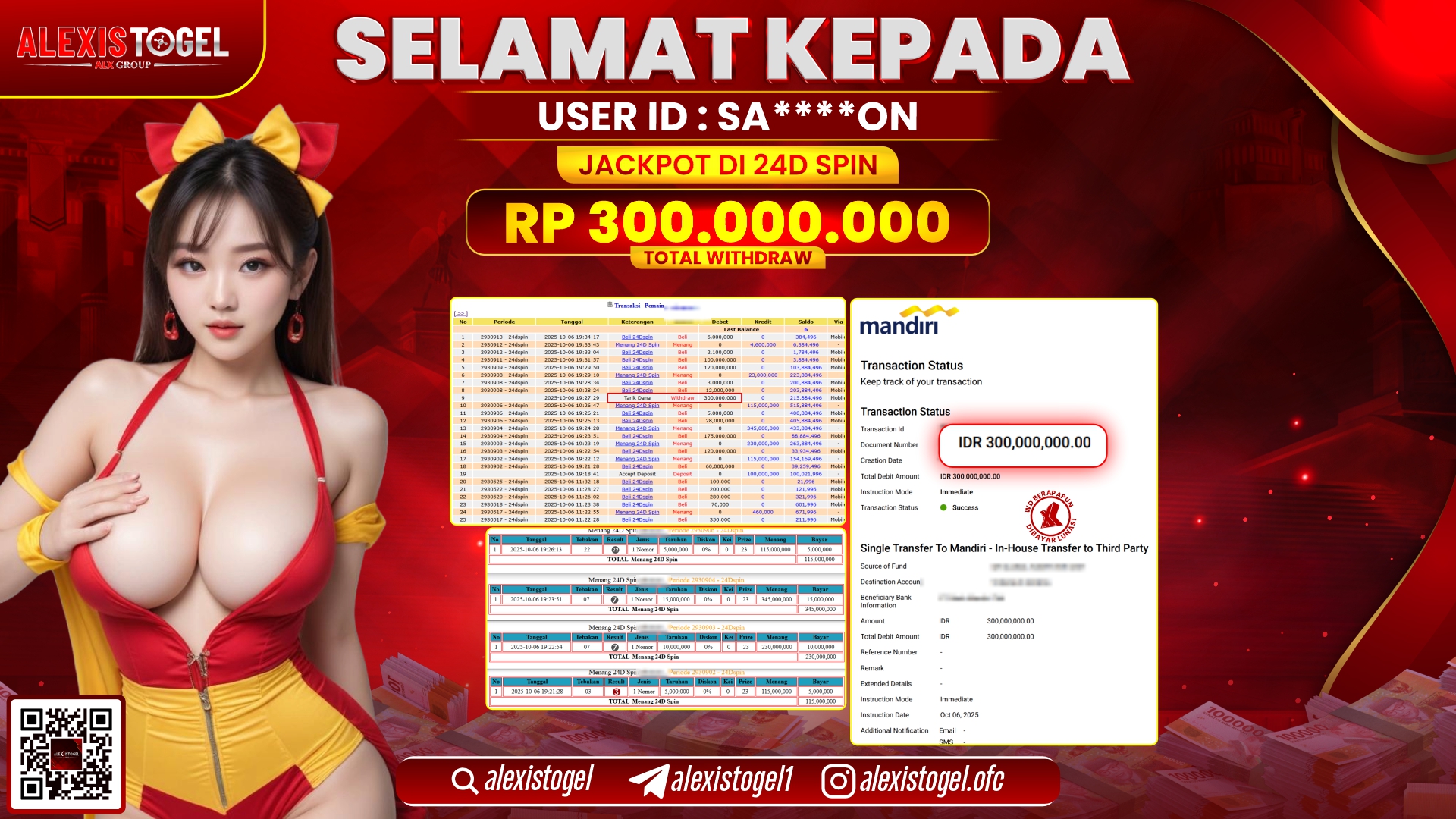 ALEXISTOGEL di CASINO 24D SPIN RP.300.000.000, LUNAS