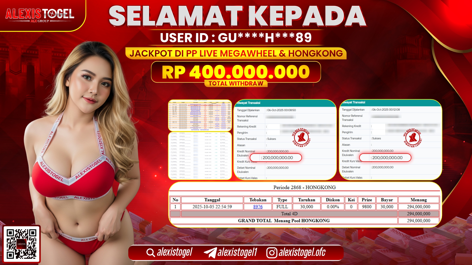 ALEXISTOGEL di PP LIVE MEGAWHEEL & HONGKONG RP.400.000.000, LUNAS