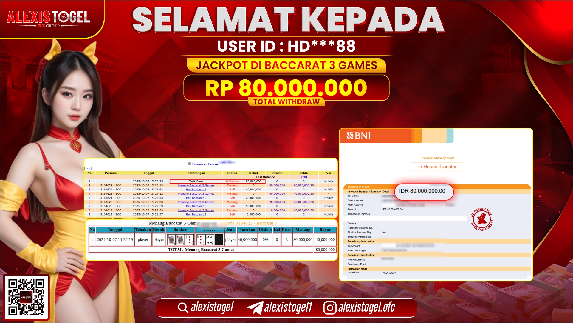 ALEXISTOGEL di CASINO BACCARAT 3 GAMES RP.80.000.000, LUNAS