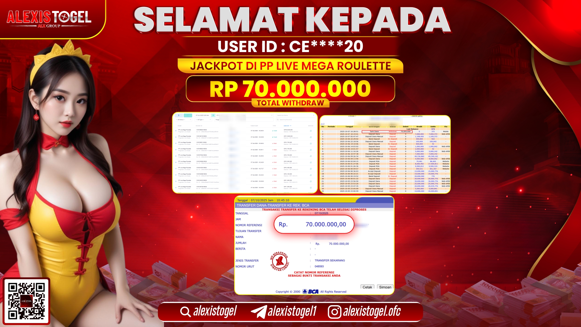 ALEXISTOGEL di PP LIVE MEGA ROULETTE RP.70.000.000, LUNAS