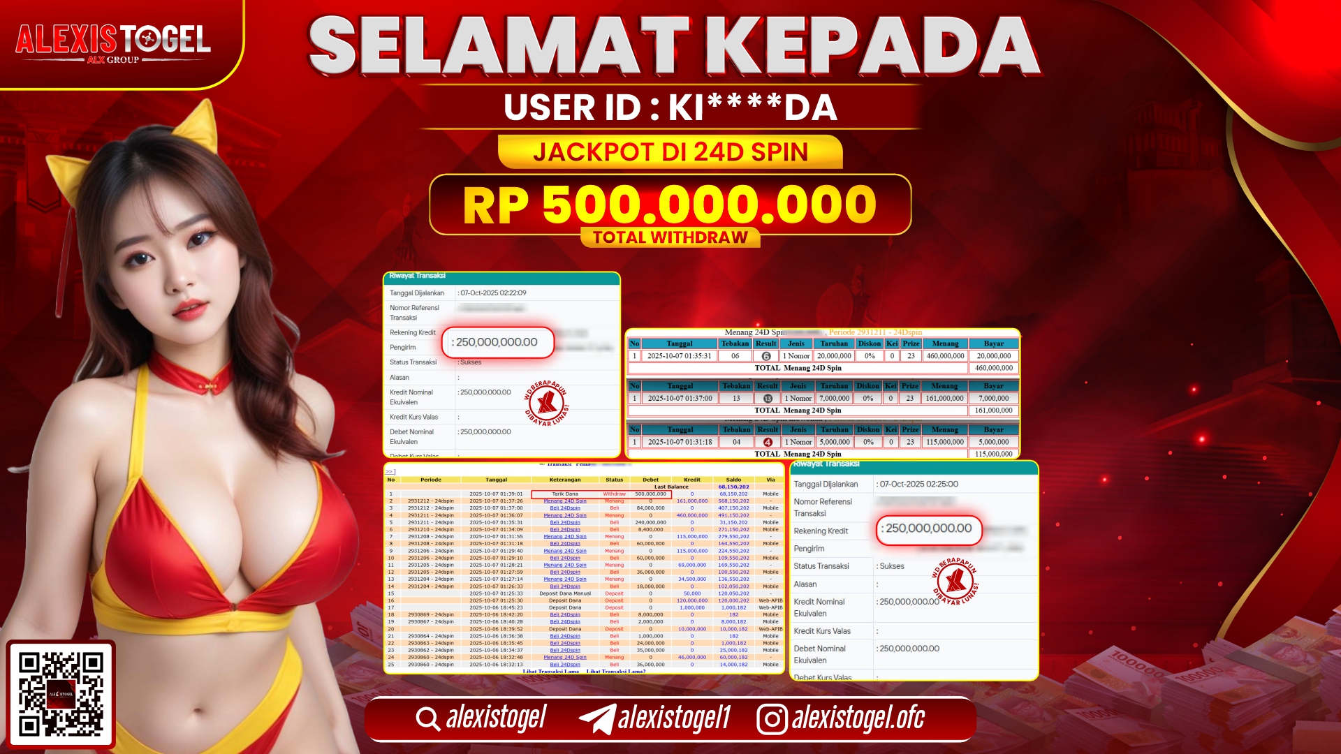 ALEXISTOGEL di CASINO 24D SPIN RP.500.000.000, LUNAS