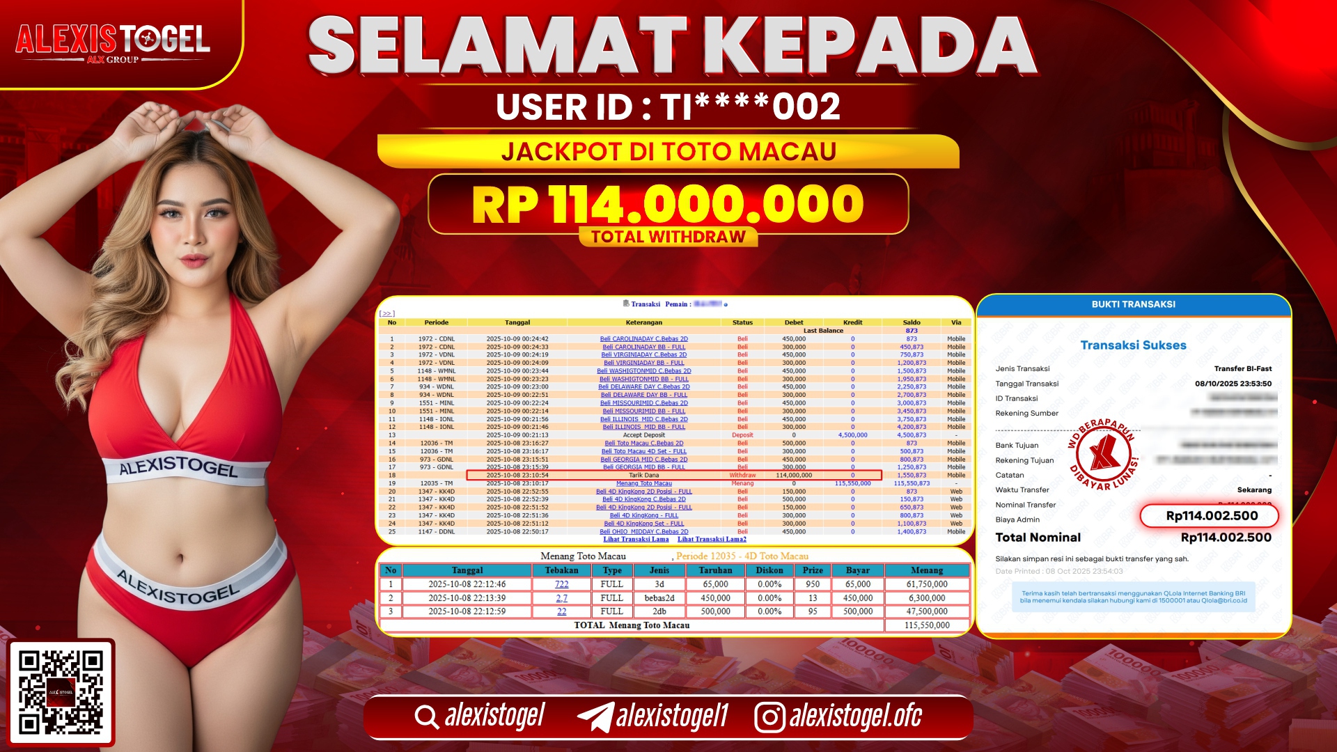 ALEXISTOGEL di TOTO MACAU RP.114.000.000, LUNAS