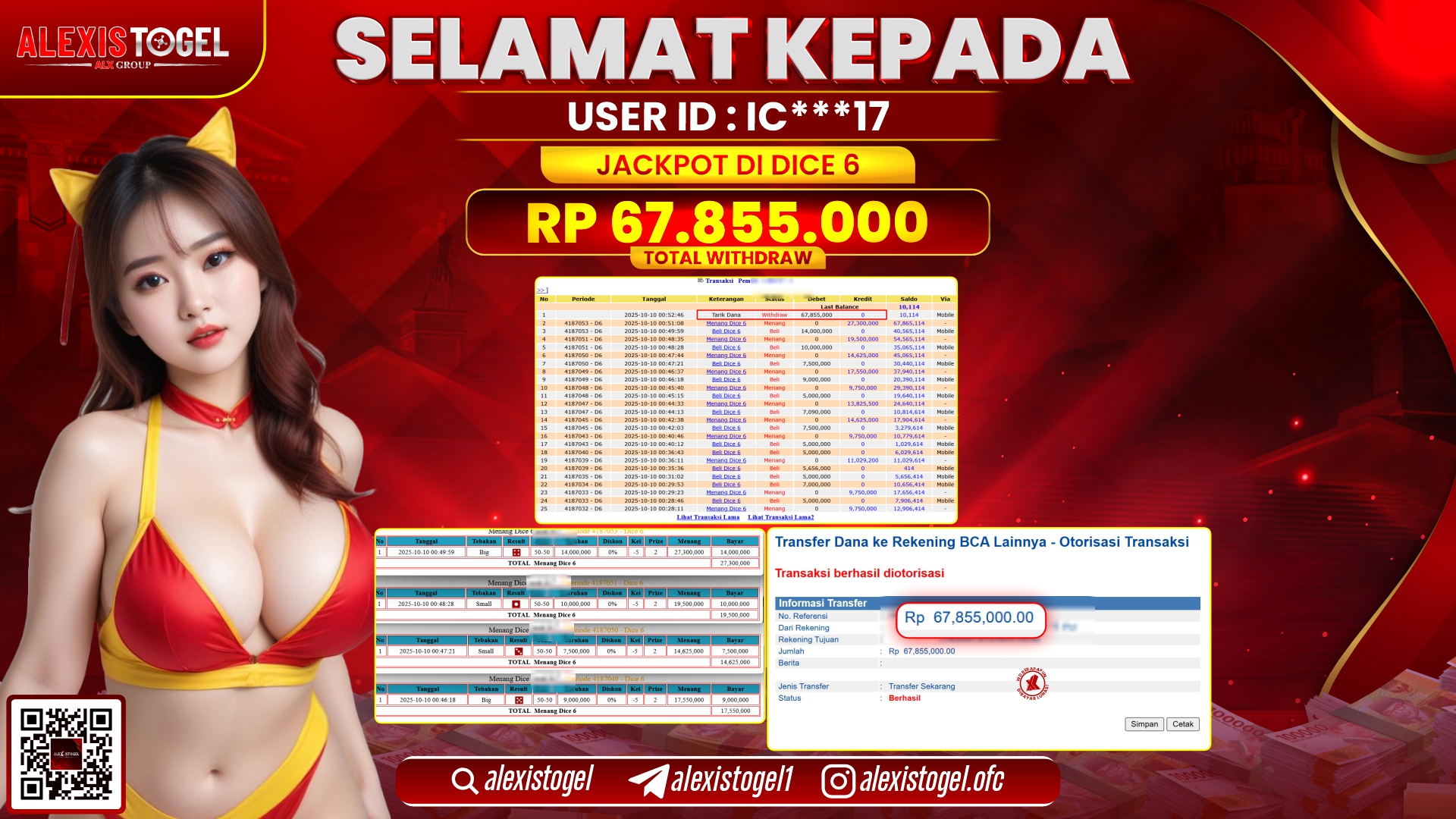 ALEXISTOGEL di CASINO DICE 6 RP.67.855.000, LUNAS