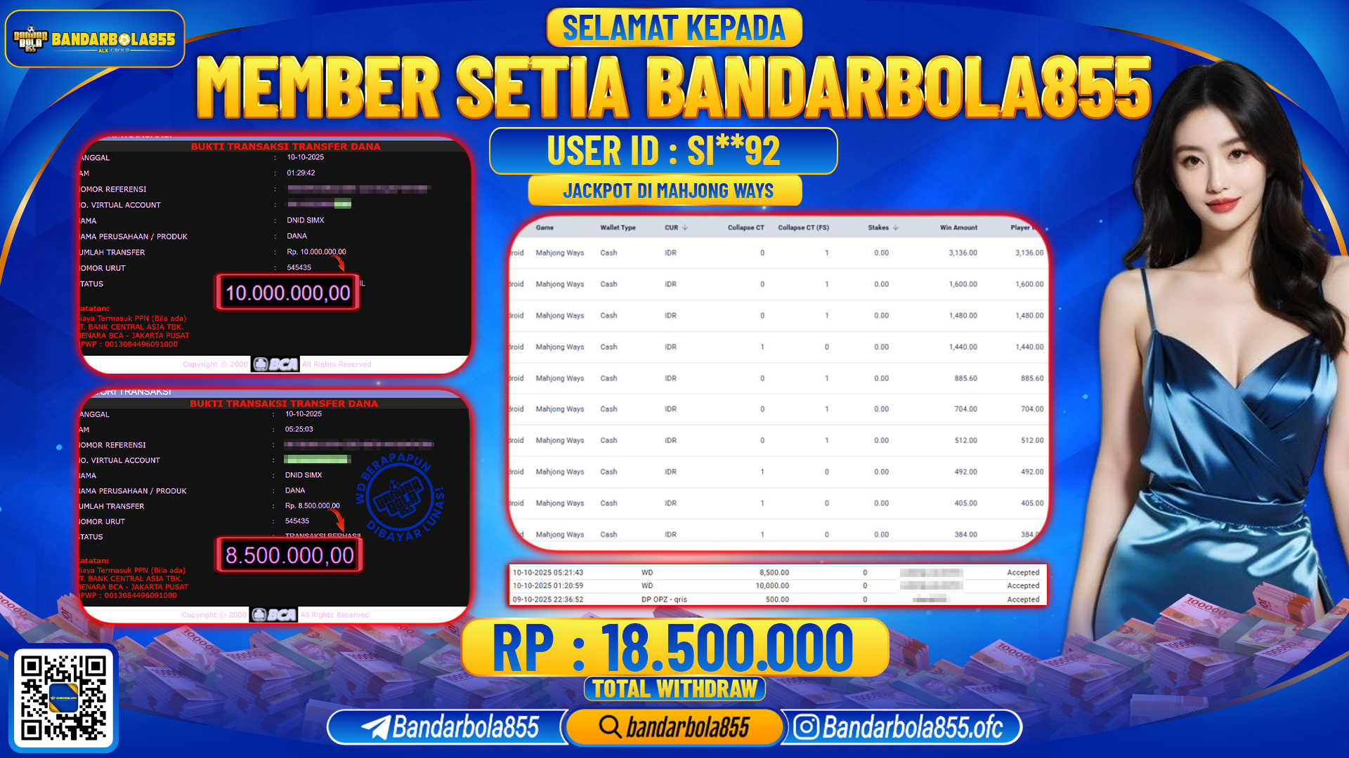 🎖 JACKPOT BANDARBOLA855 di MAHJONG WAYS Rp18.500.000 🎖