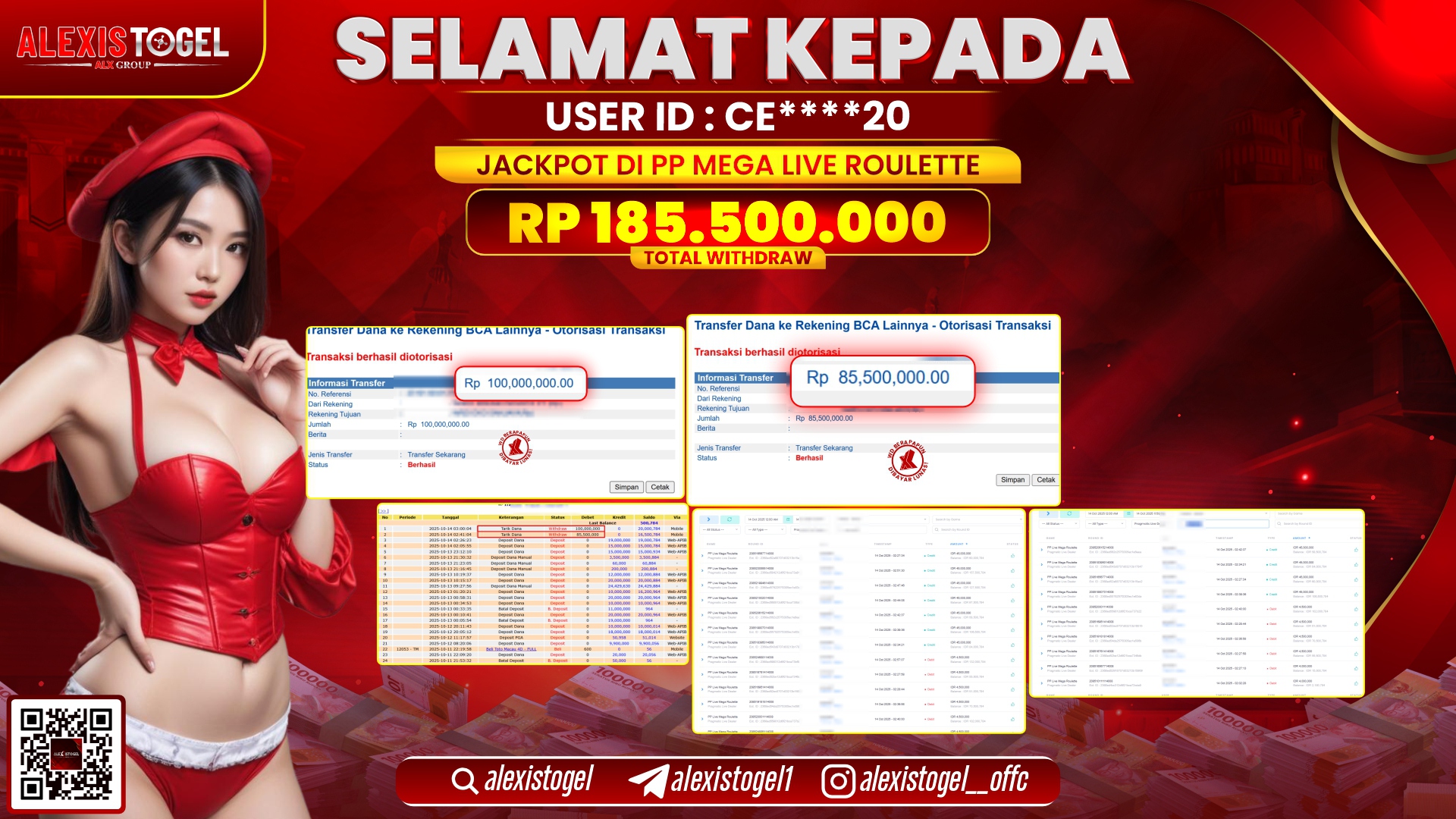 ALEXISTOGEL di PP LIVE MEGA ROULETTE RP.185.500.000, LUNAS
