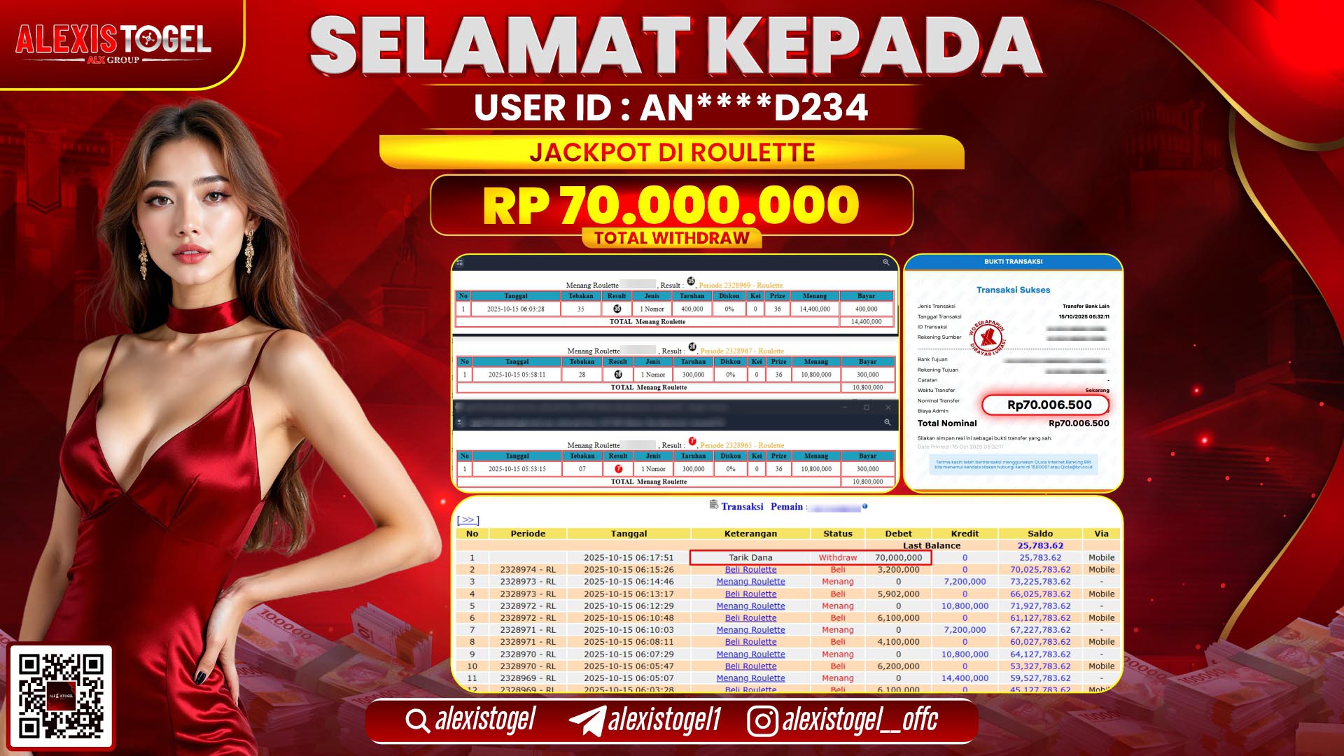 ALEXISTOGEL di CASINO ROULETTE RP.70.000.000, LUNAS
