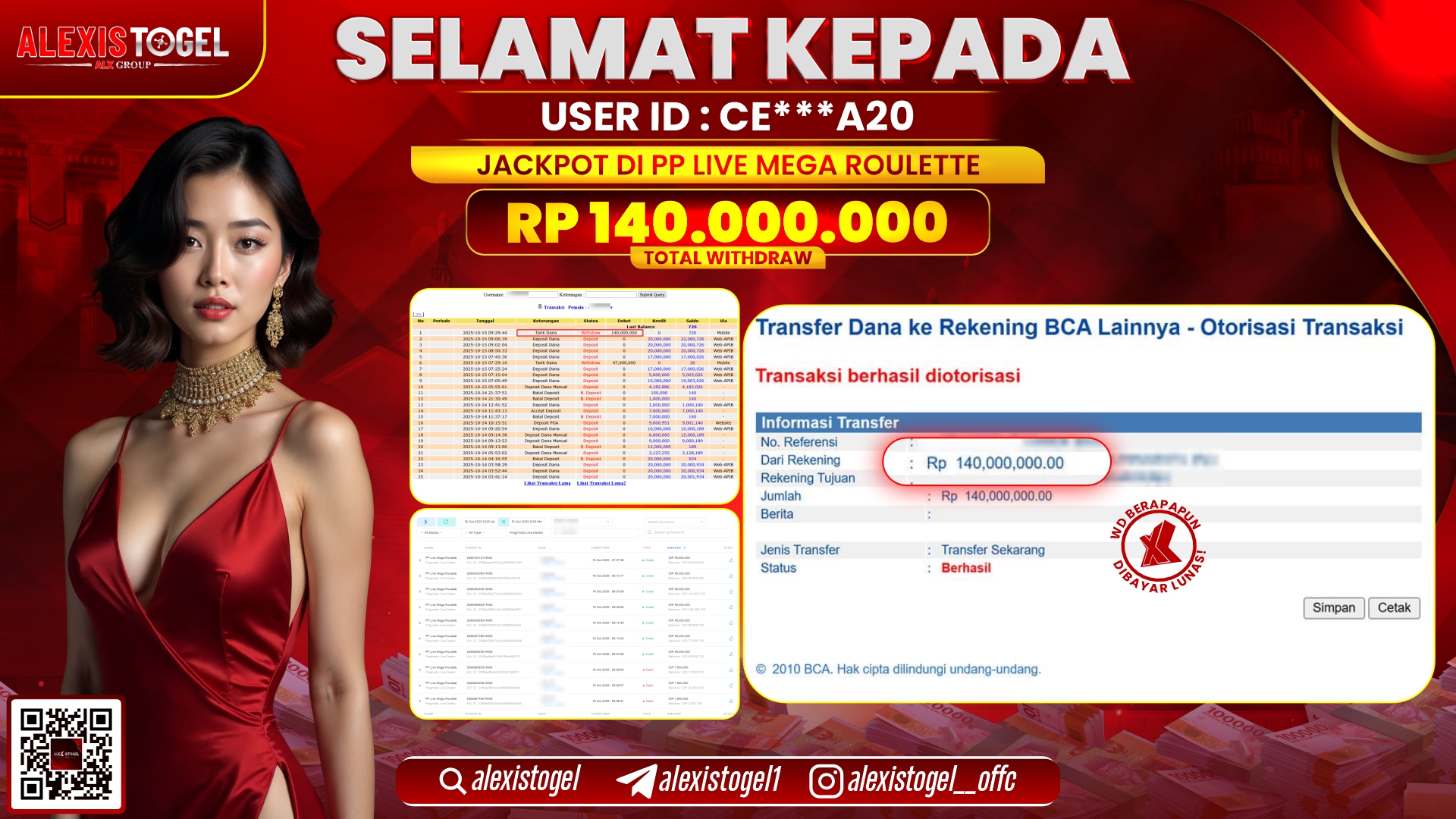 ALEXISTOGEL di PP LIVE MEGA ROULETTE RP.140.000.000, LUNAS