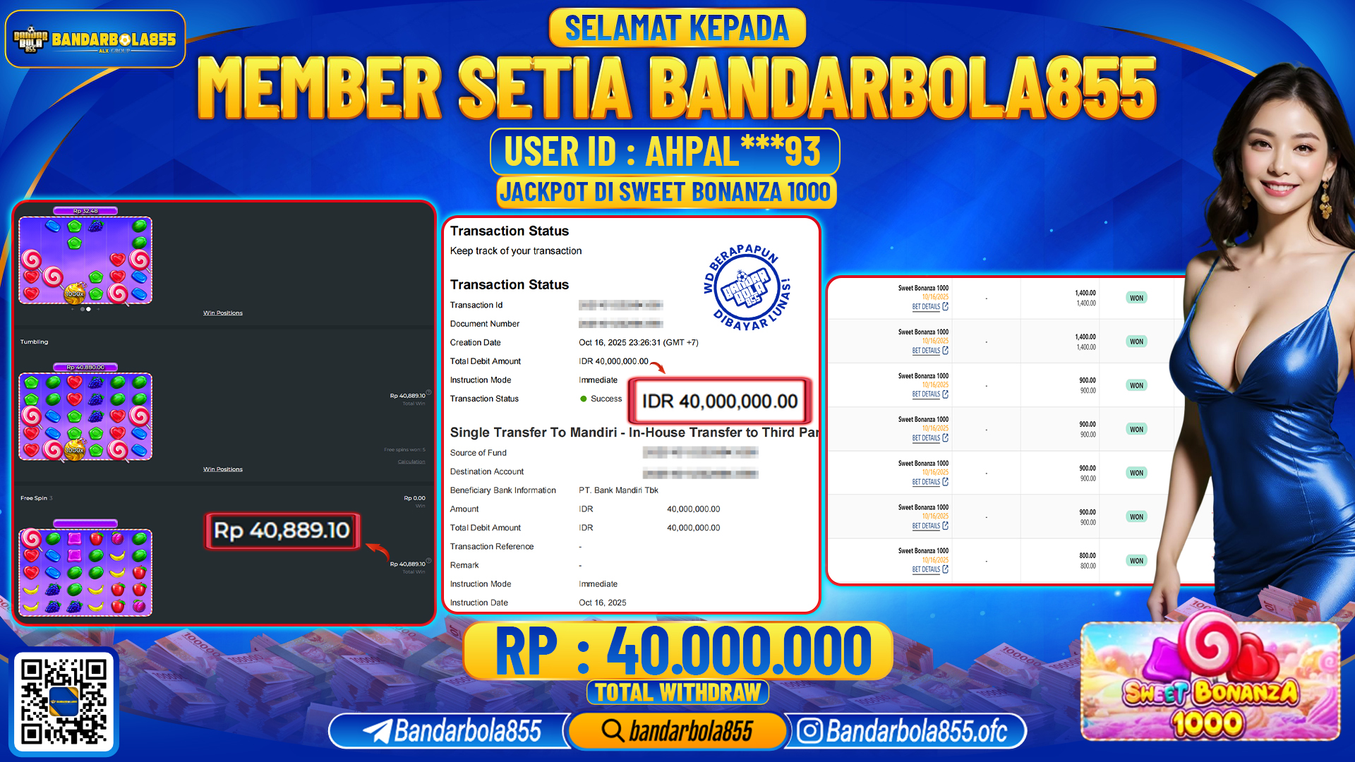 🎖 JACKPOT BANDARBOLA855 di SWEET BONANZA 1000 Rp40.000.000🎖