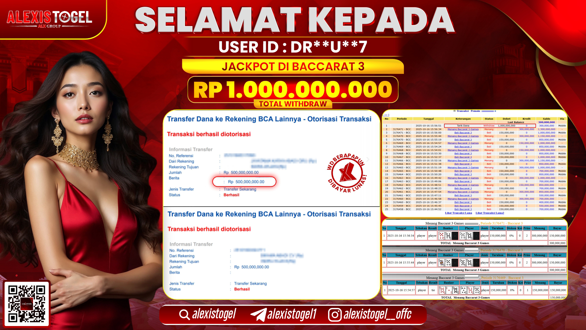 ALEXISTOGEL di CASINO BACCARAT 3 RP.1.000.000.000, LUNAS