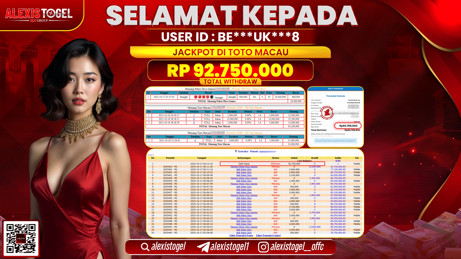 ALEXISTOGEL di TOTO MACAU RP.92.750.000, LUNAS