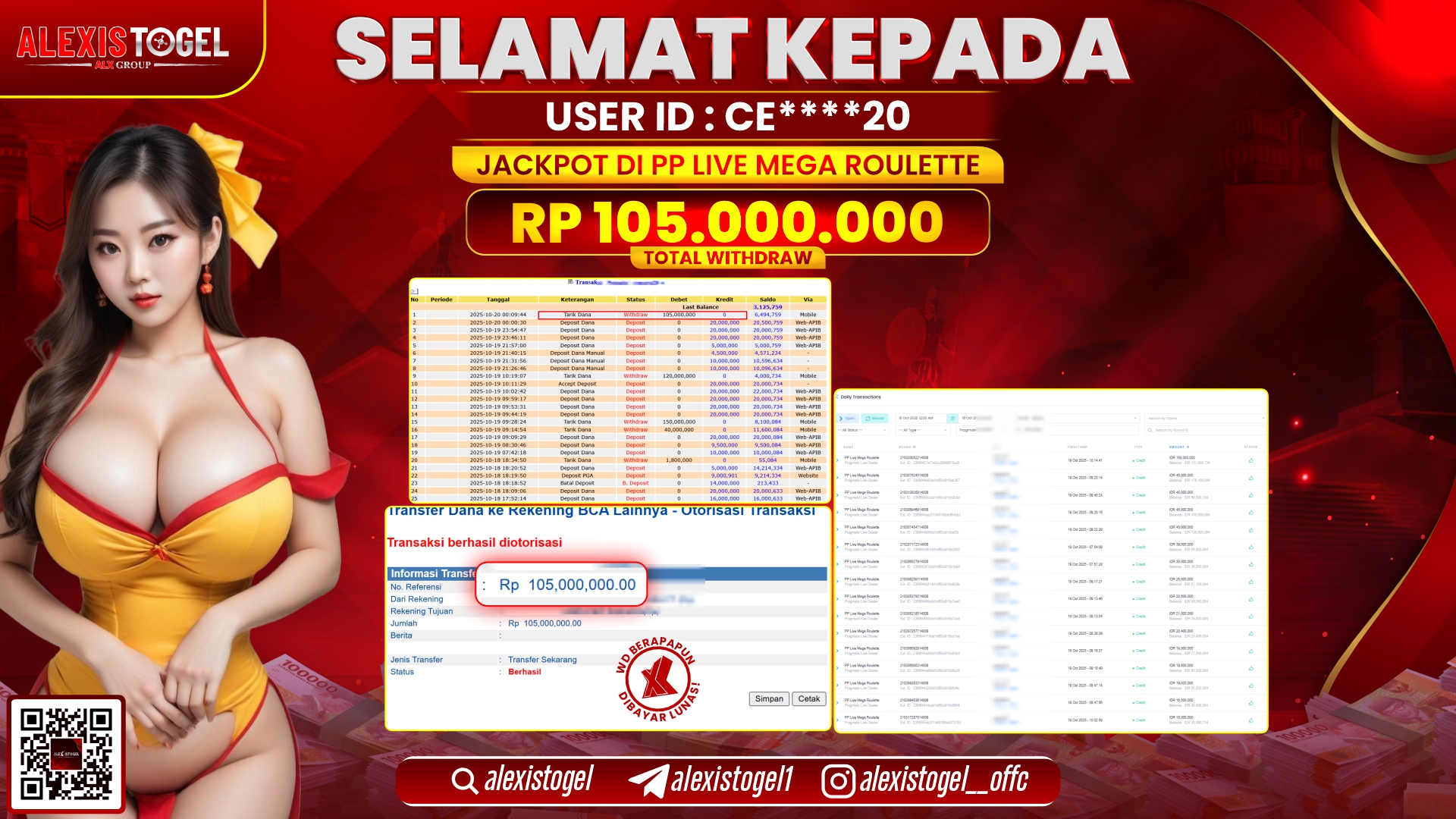 ALEXISTOGEL di PP LIVE MEGA ROULETTE RP.105.000.000, LUNAS