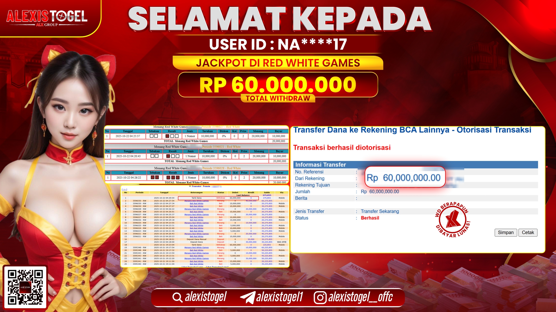 ALEXISTOGEL di CASINO RED WHITE GAMES RP.60.000.000, LUNAS