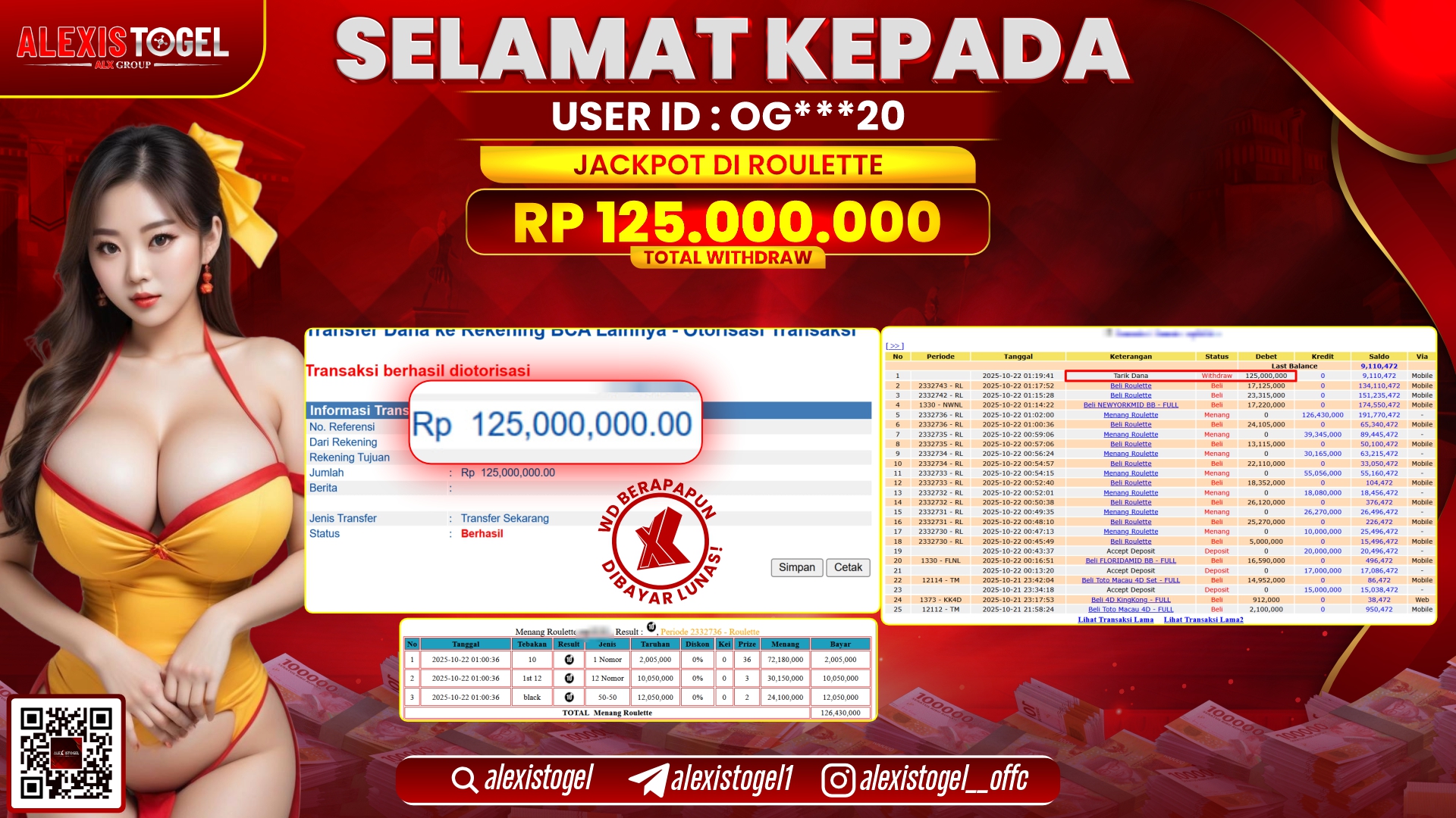 ALEXISTOGEL di CASINO ROULETTE RP.125.000.000, LUNAS