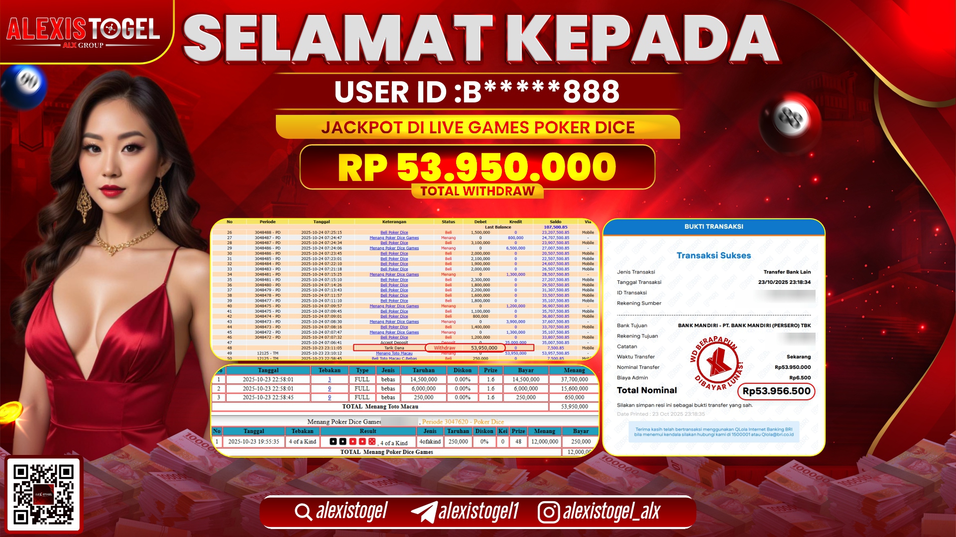 ALEXISTOGEL di CASINO POKER DICE RP.53.950.000, LUNAS