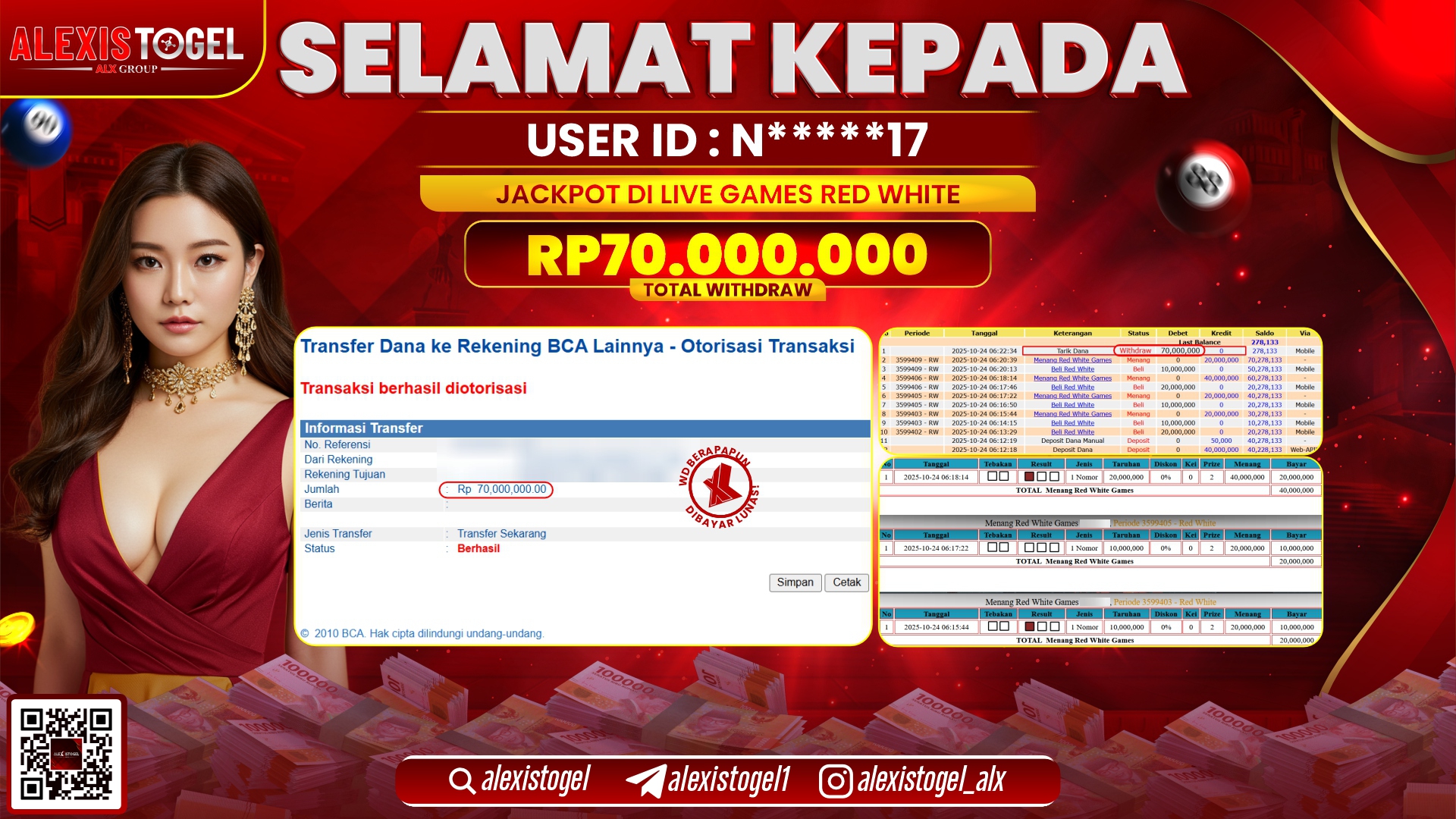 ALEXISTOGEL di CASINO RED WHITE RP.70.000.000, LUNAS