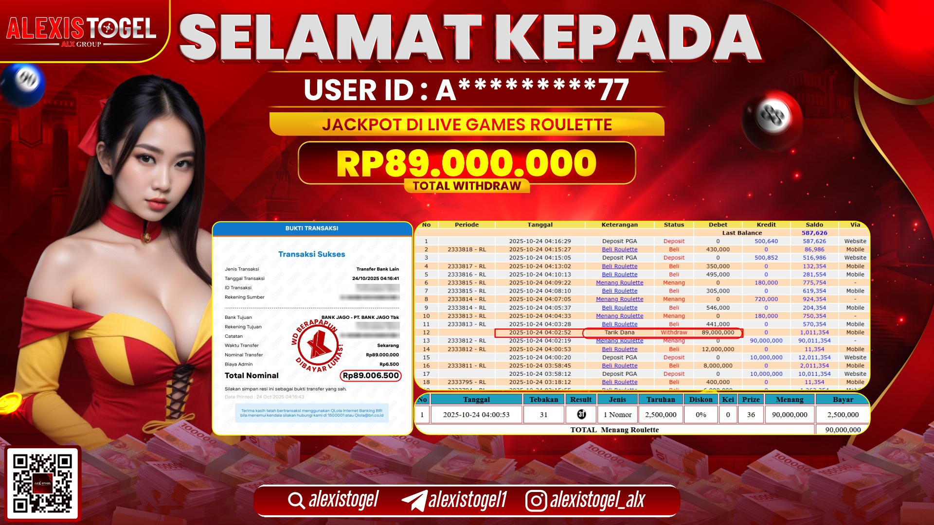 ALEXISTOGEL di CASINO ROULETTE RP.89.000.000, LUNAS