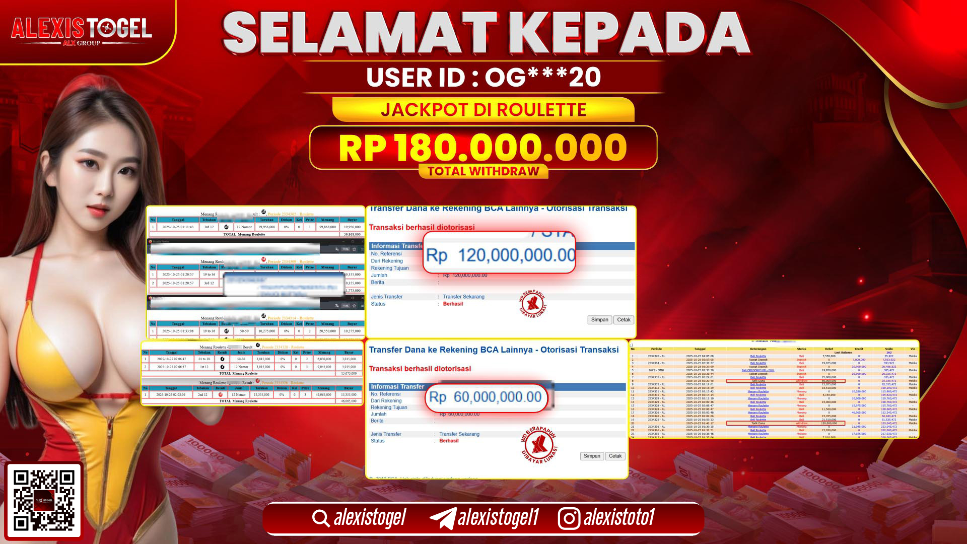 ALEXISTOGEL di CASINO ROULETTE RP.180.000.000, LUNAS