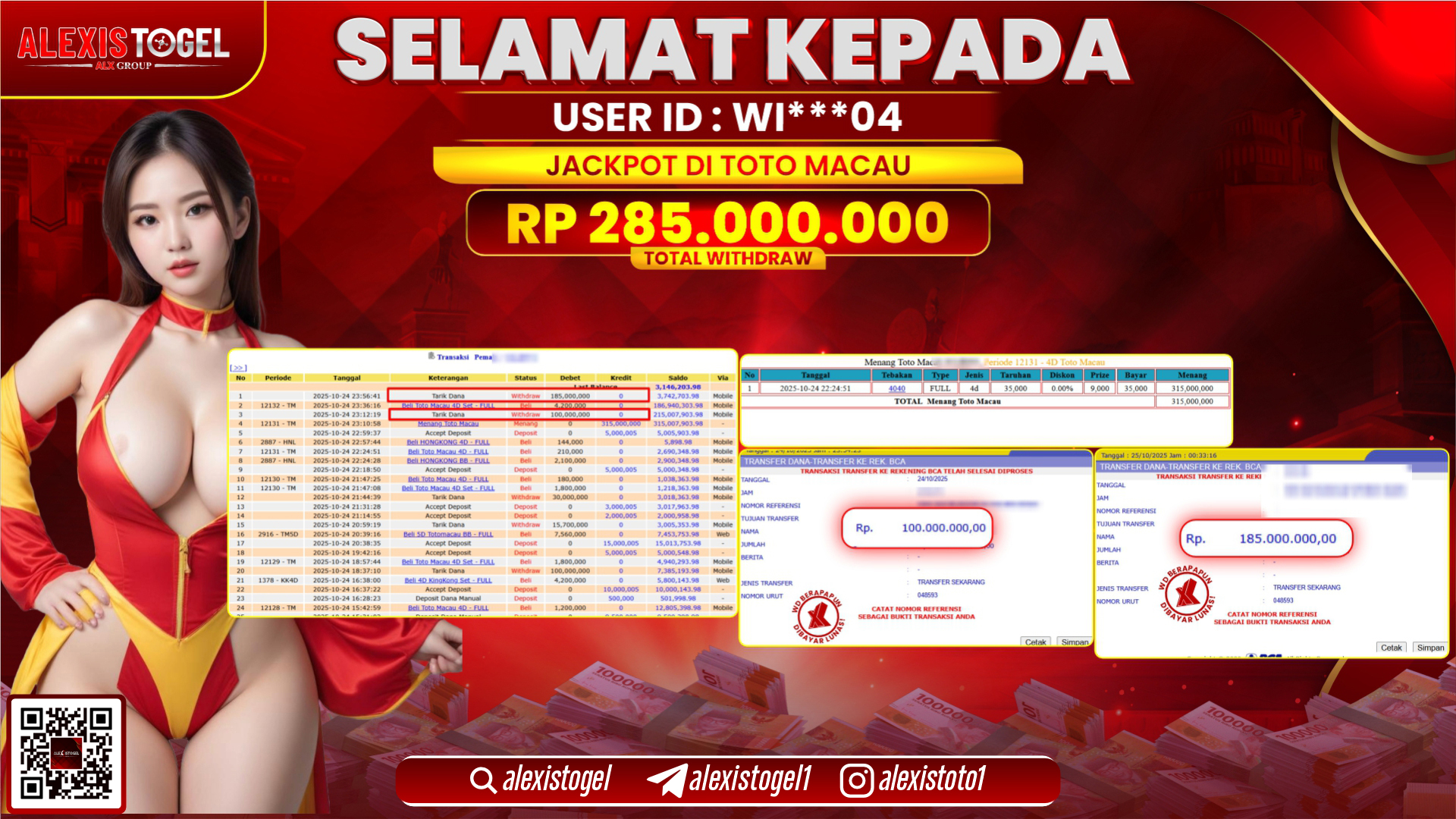 ALEXISTOGEL di TOTO MACAU RP.285.000.000, LUNAS