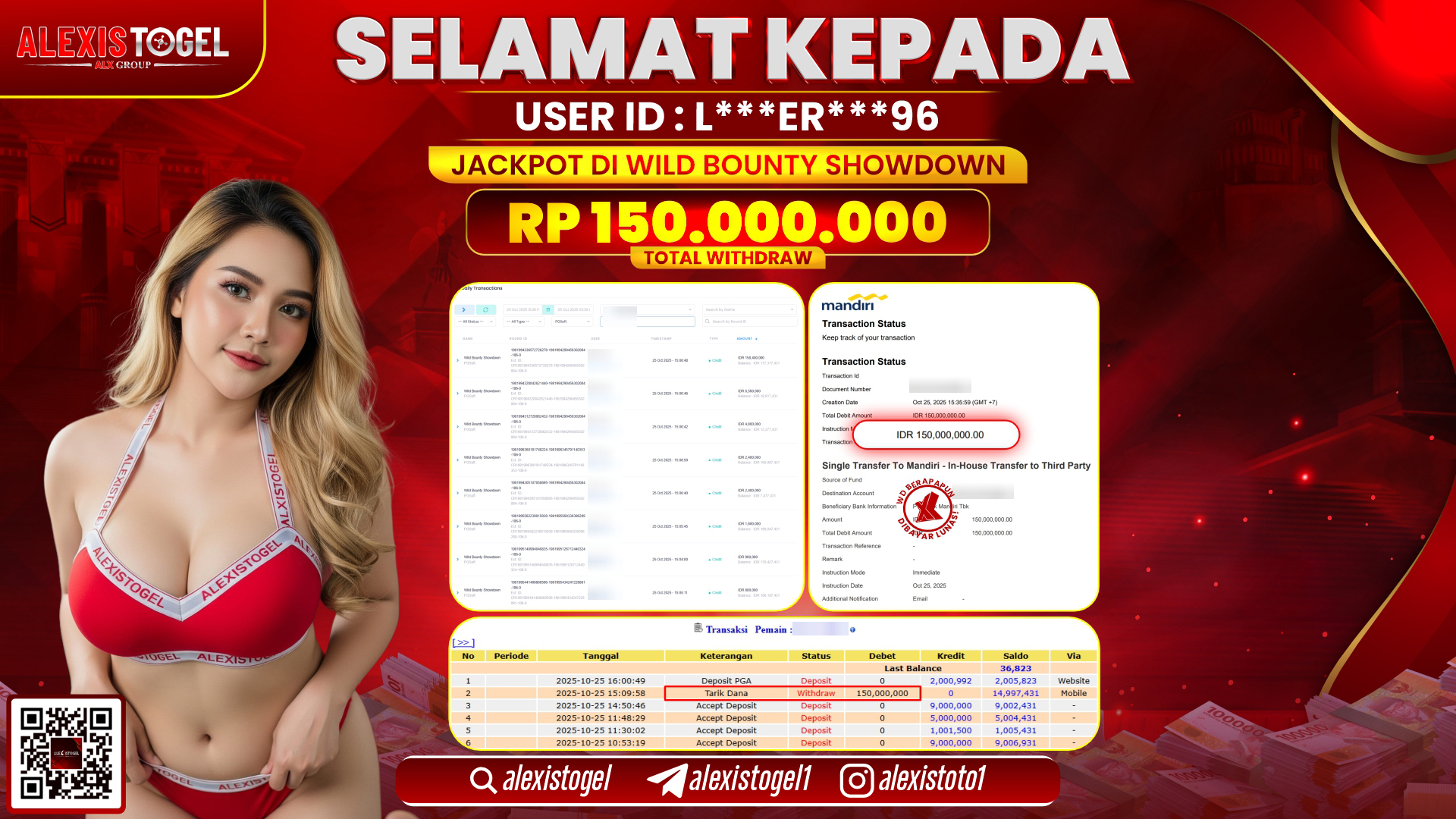 ALEXISTOGEL di SLOT WILD BOUNTY SHOWDOWN RP.150.000.000, LUNAS