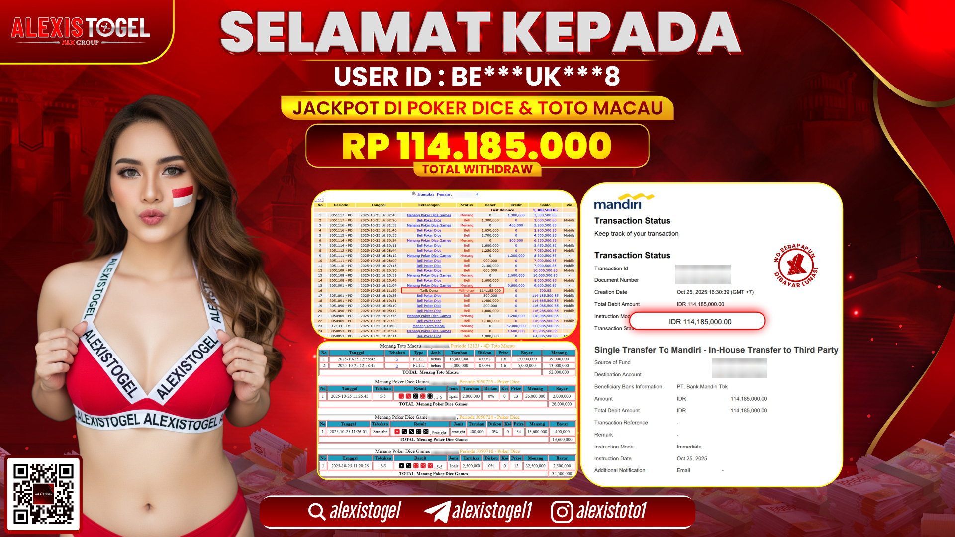 ALEXISTOGEL di POKER DICE & TOTO MACAU RP.114.185.000, LUNAS