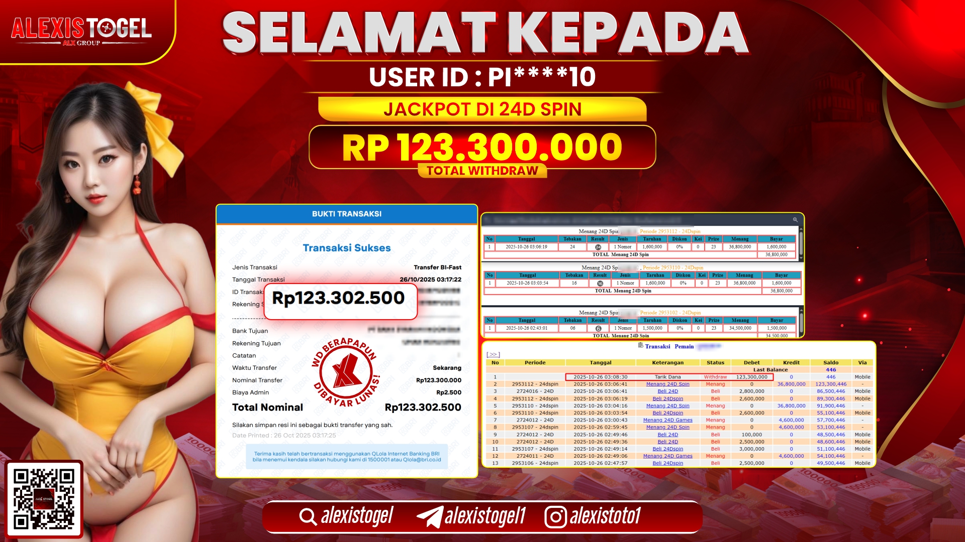 ALEXISTOGEL di CASINO 24D SPIN RP.123.300.000, LUNAS