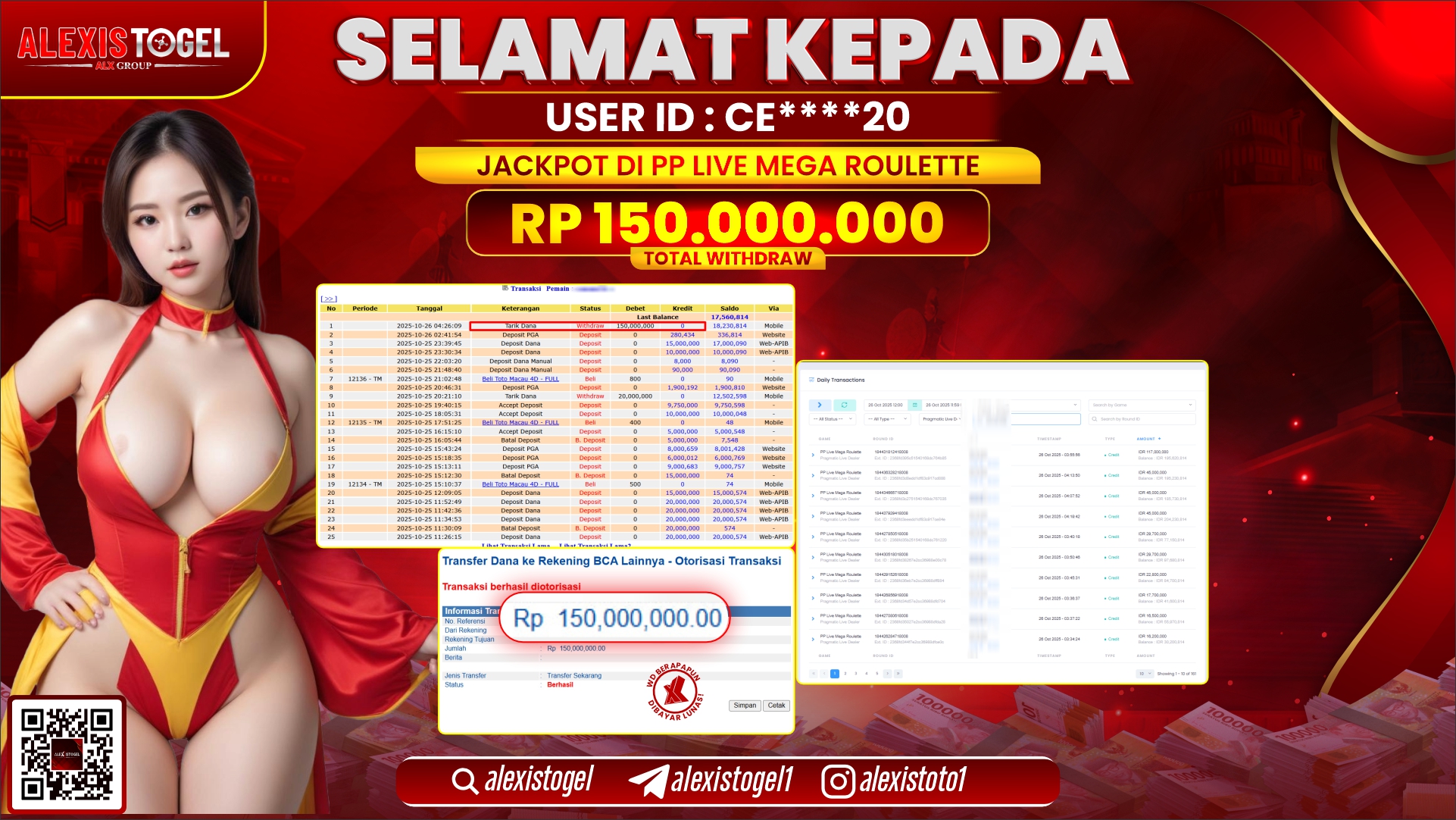 ALEXISTOGEL di PP LIVE MEGA ROULETTE RP.150.000.000, LUNAS
