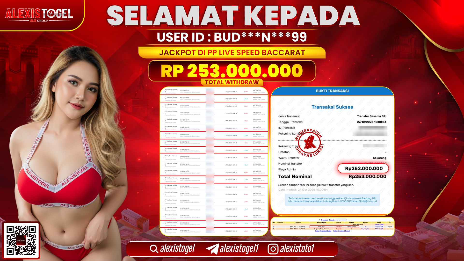 ALEXISTOGEL di PP LIVE SPEED BACCARAT RP.253.000.000, LUNAS