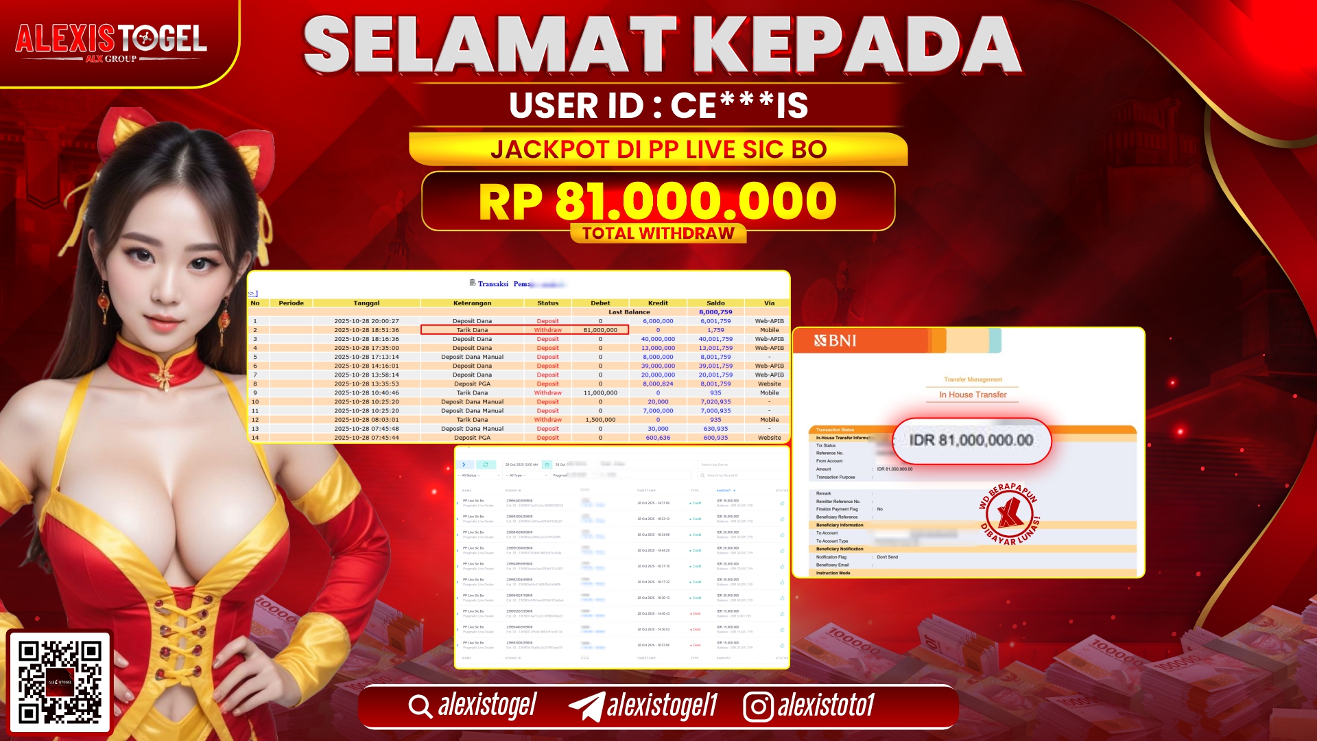 ALEXISTOGEL di PP LIVE SICBO RP.81.000.000, LUNAS