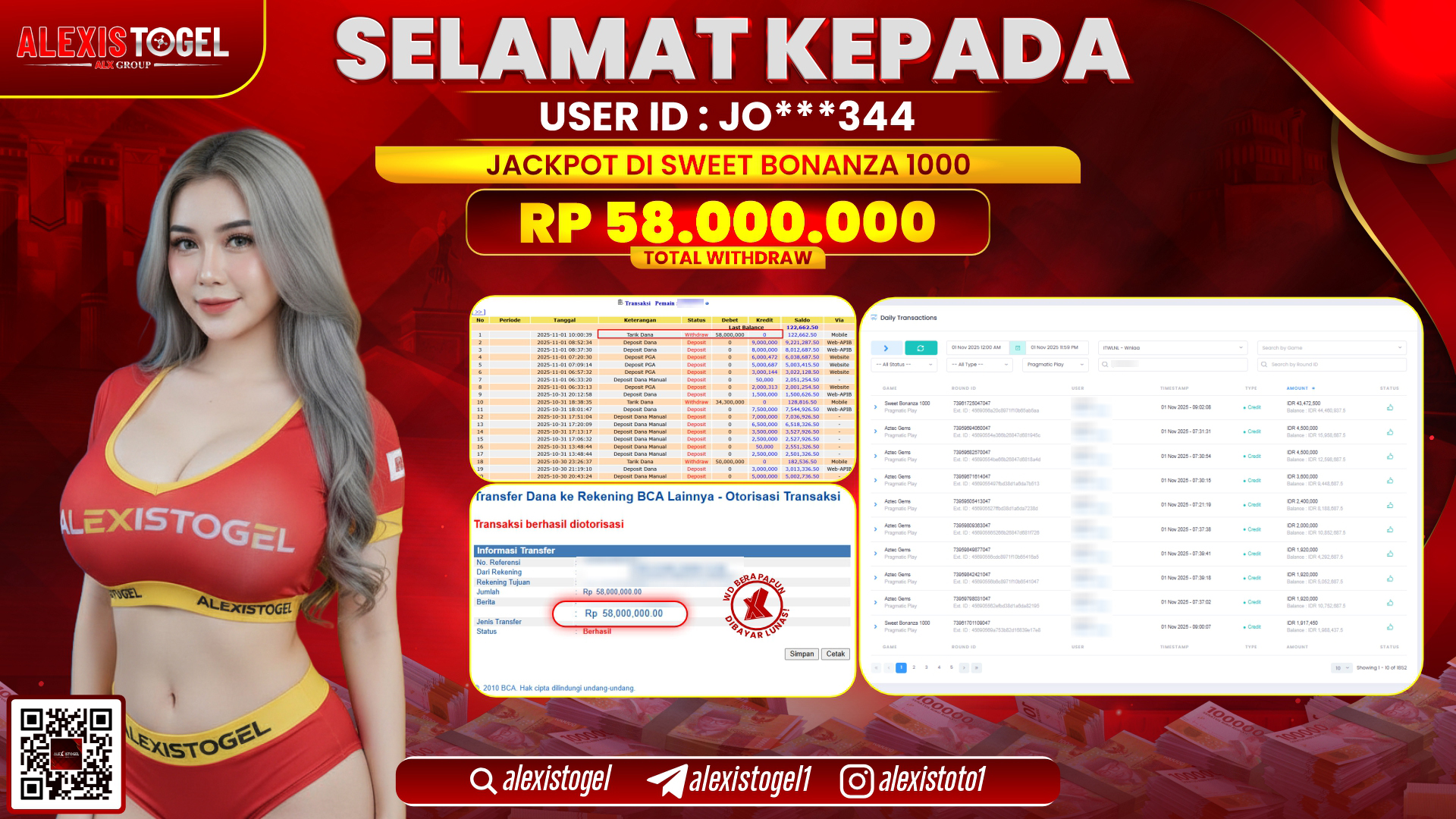 ALEXISTOGEL di SLOT SWEET BONANZA 1000 RP.58.000.000, LUNAS