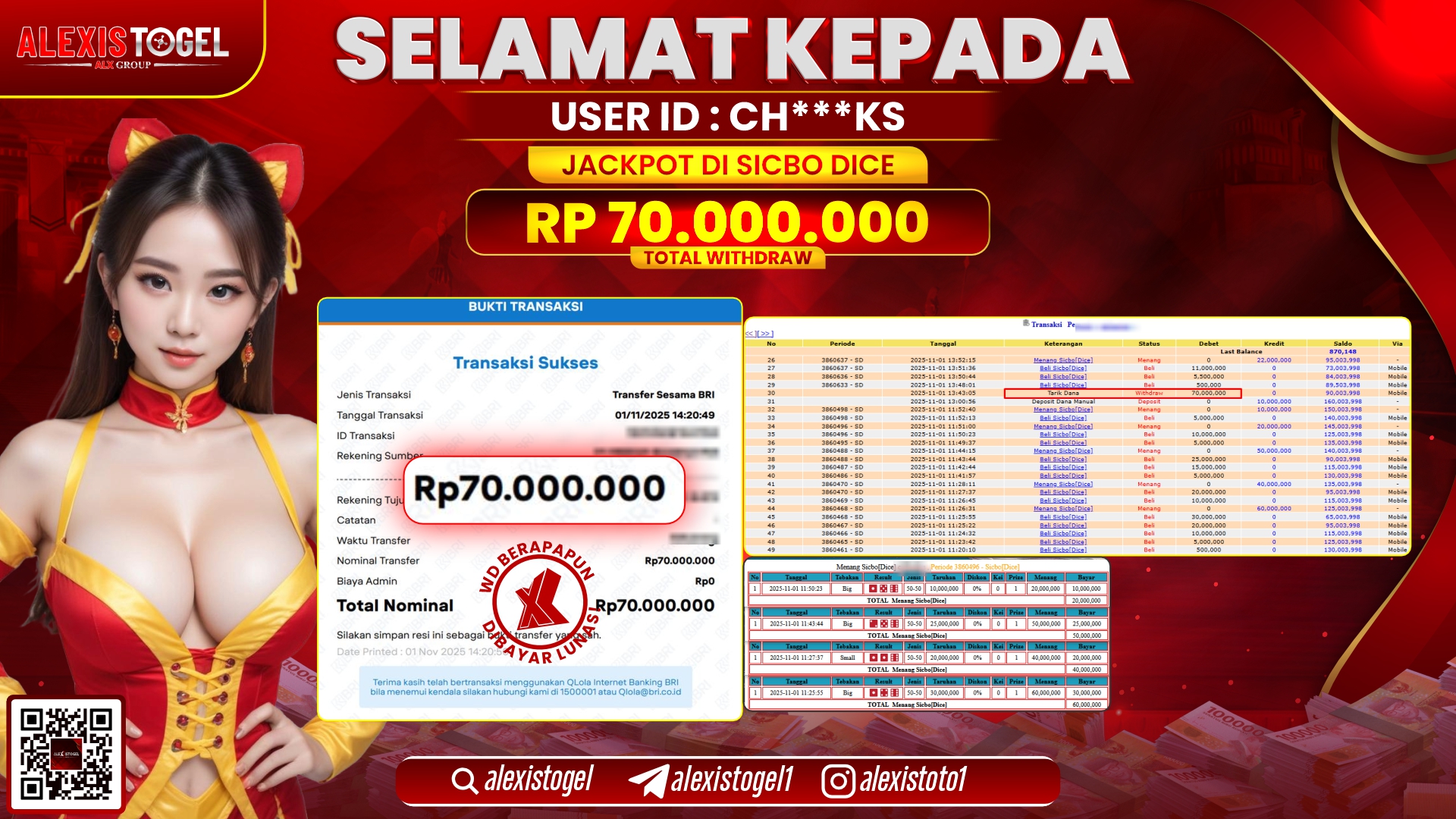 ALEXISTOGEL di CASINO SICBO DICE RP.70.000.000, LUNAS