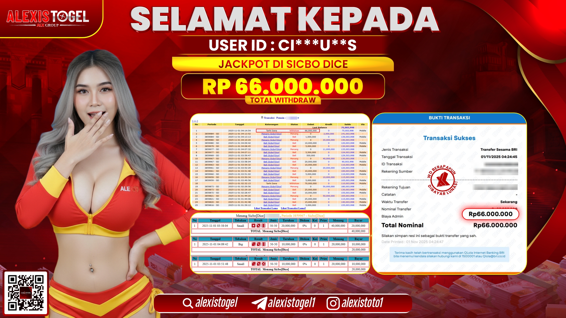 ALEXISTOGEL di CASINO SICBO DICE RP.66.000.000, LUNAS