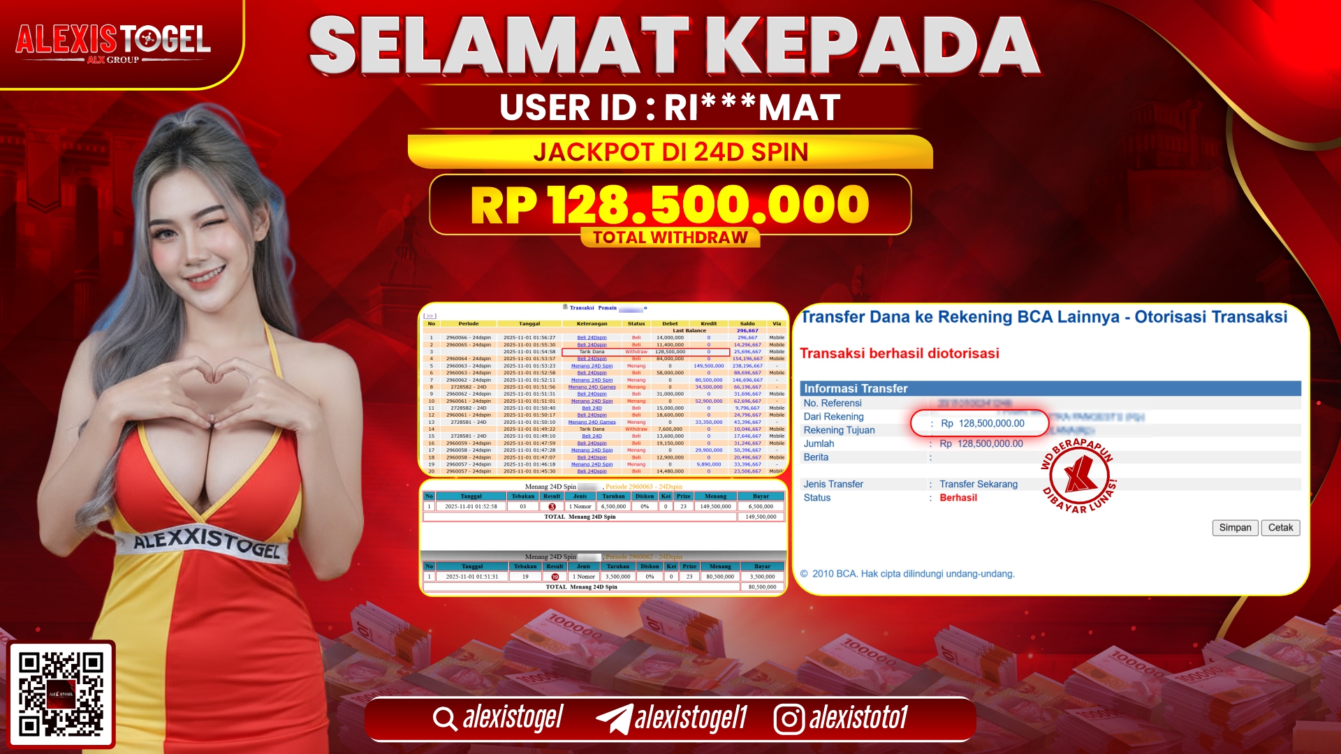 ALEXISTOGEL di CASINO 24D SPIN RP.128.500.000, LUNAS