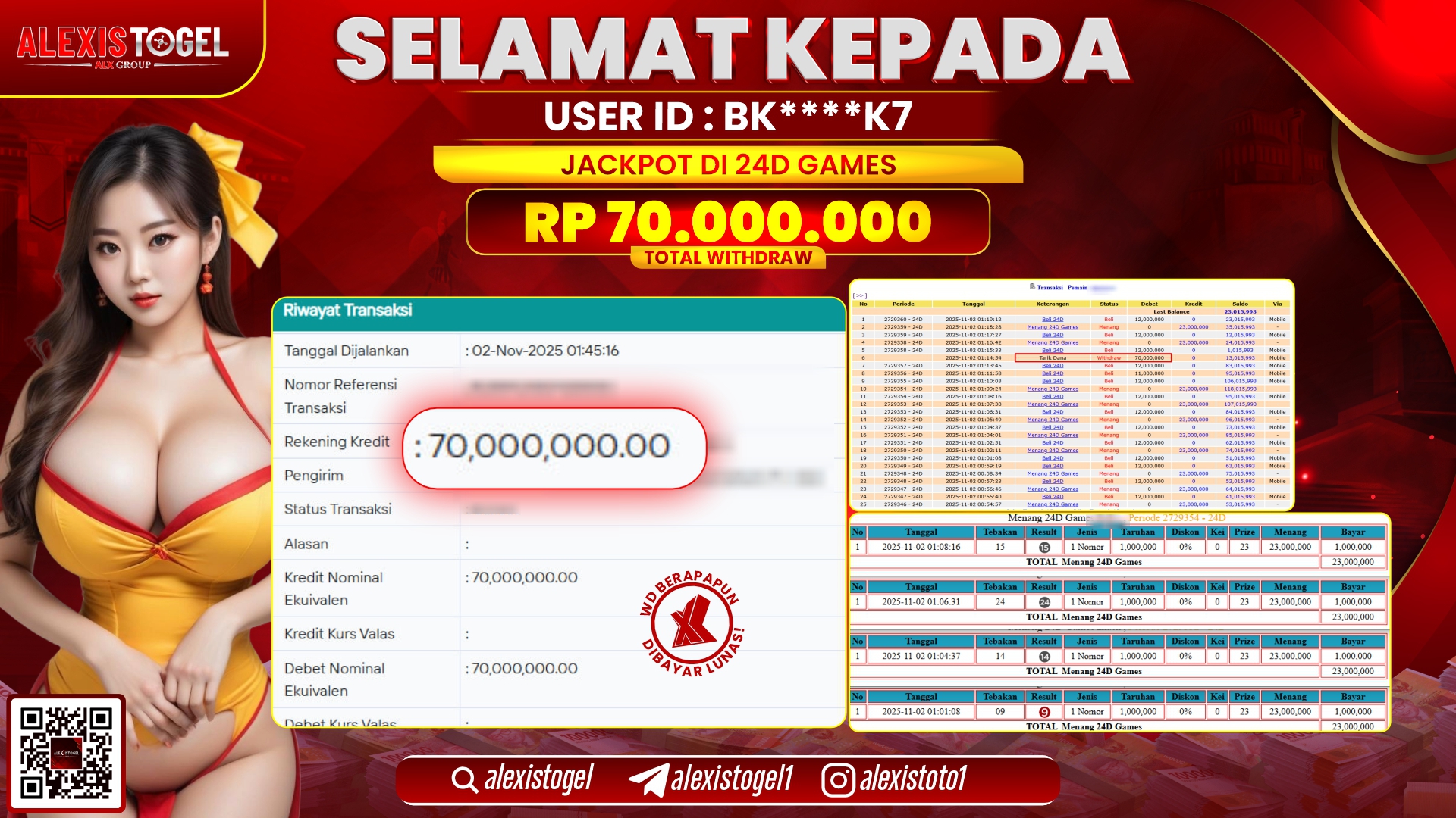 ALEXISTOGEL di CASINO 24D GAMES RP.70.000.000, LUNAS