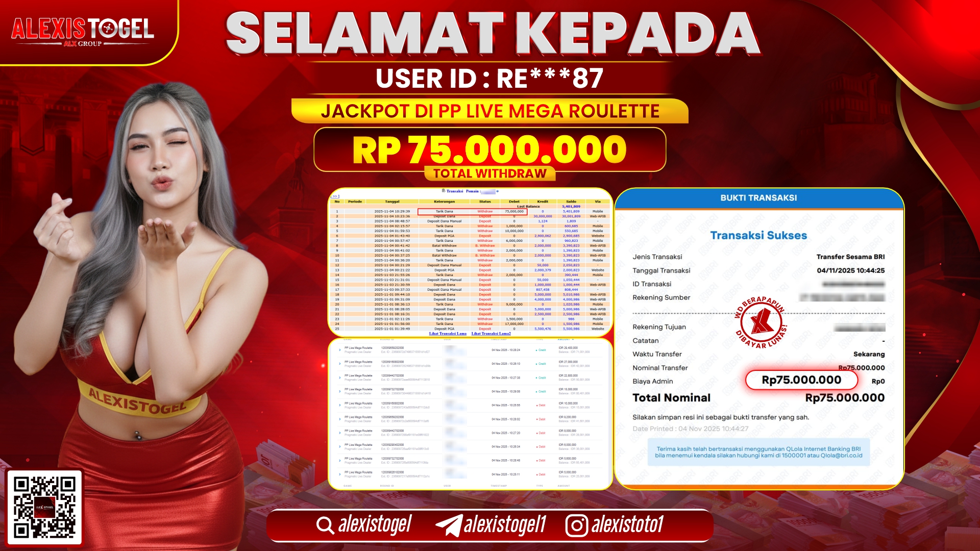 ALEXISTOGEL di PP LIVE MEGA ROULETTE RP.75.000.000, LUNAS