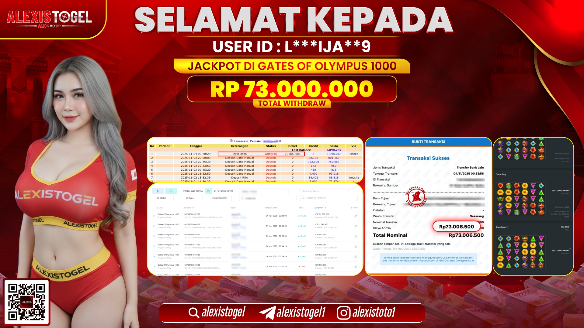 ALEXISTOGEL di SLOT GATES OF OLYMPUS 1000 RP.73.000.000, LUNAS